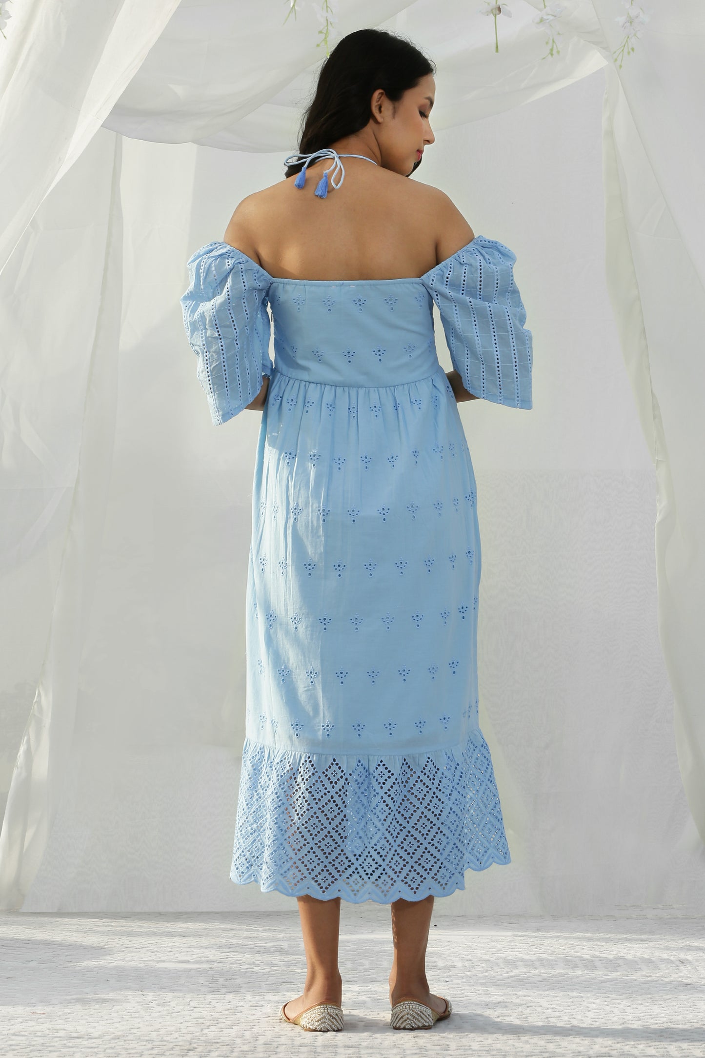 SKY BLUE TIE SCHIFFLI MIDI DRESS