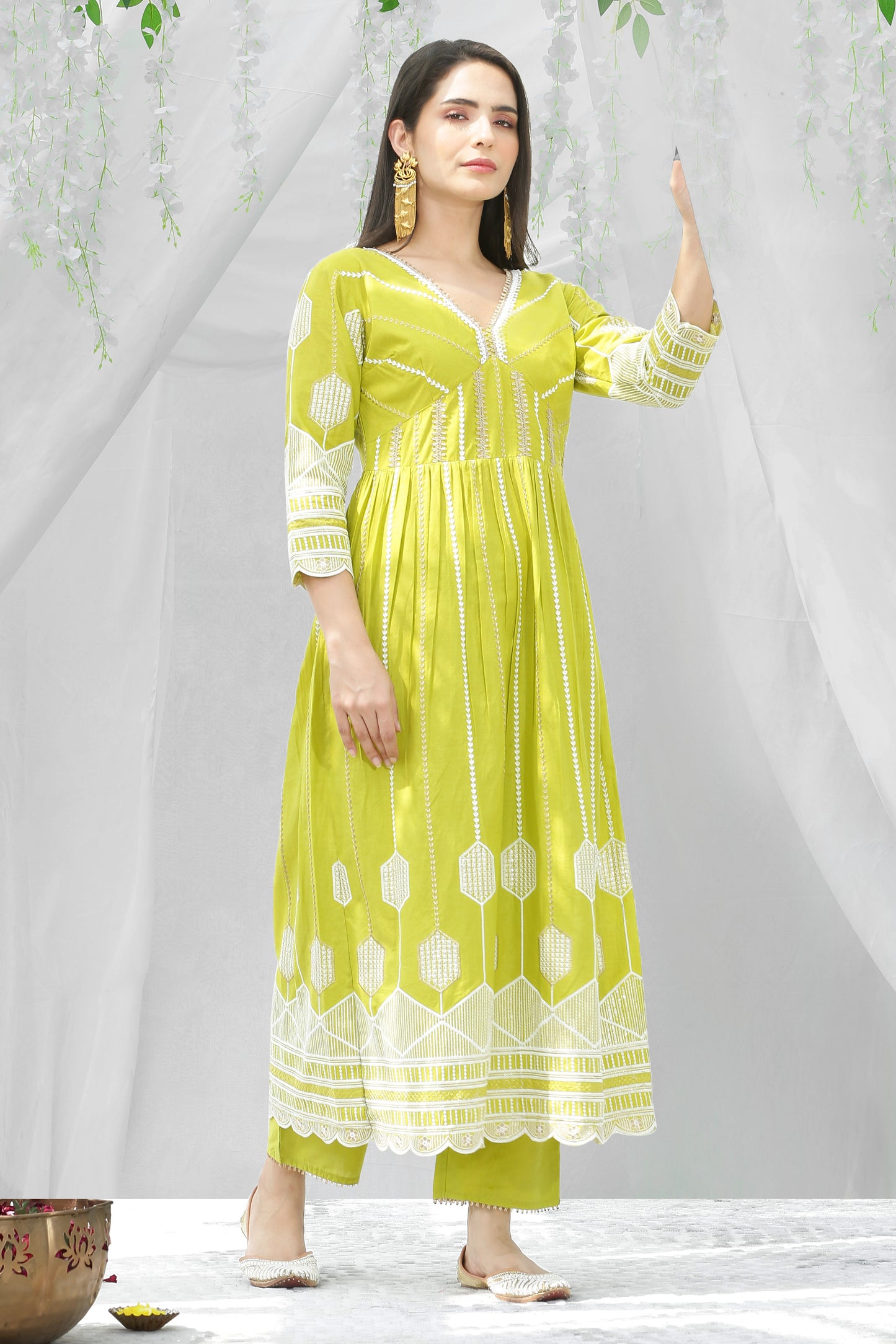 Lime And Gold Chikankari Embroidered Kurta Set