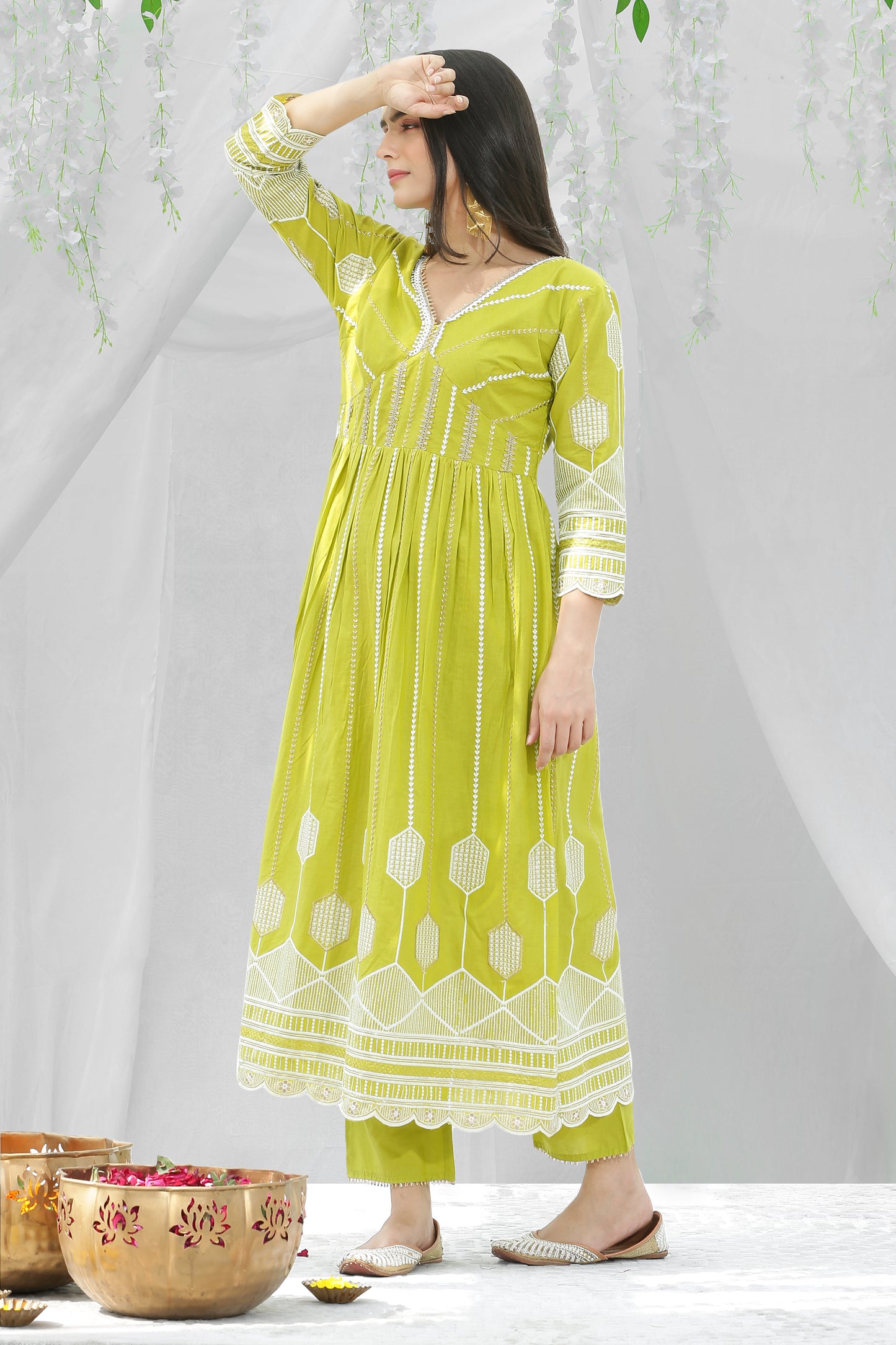 Lime And Gold Chikankari Embroidered Kurta Set