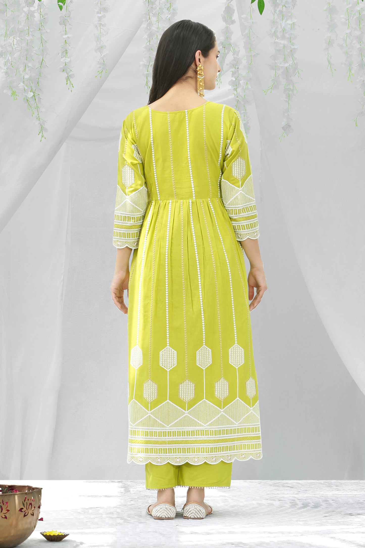 Lime And Gold Chikankari Embroidered Kurta Set