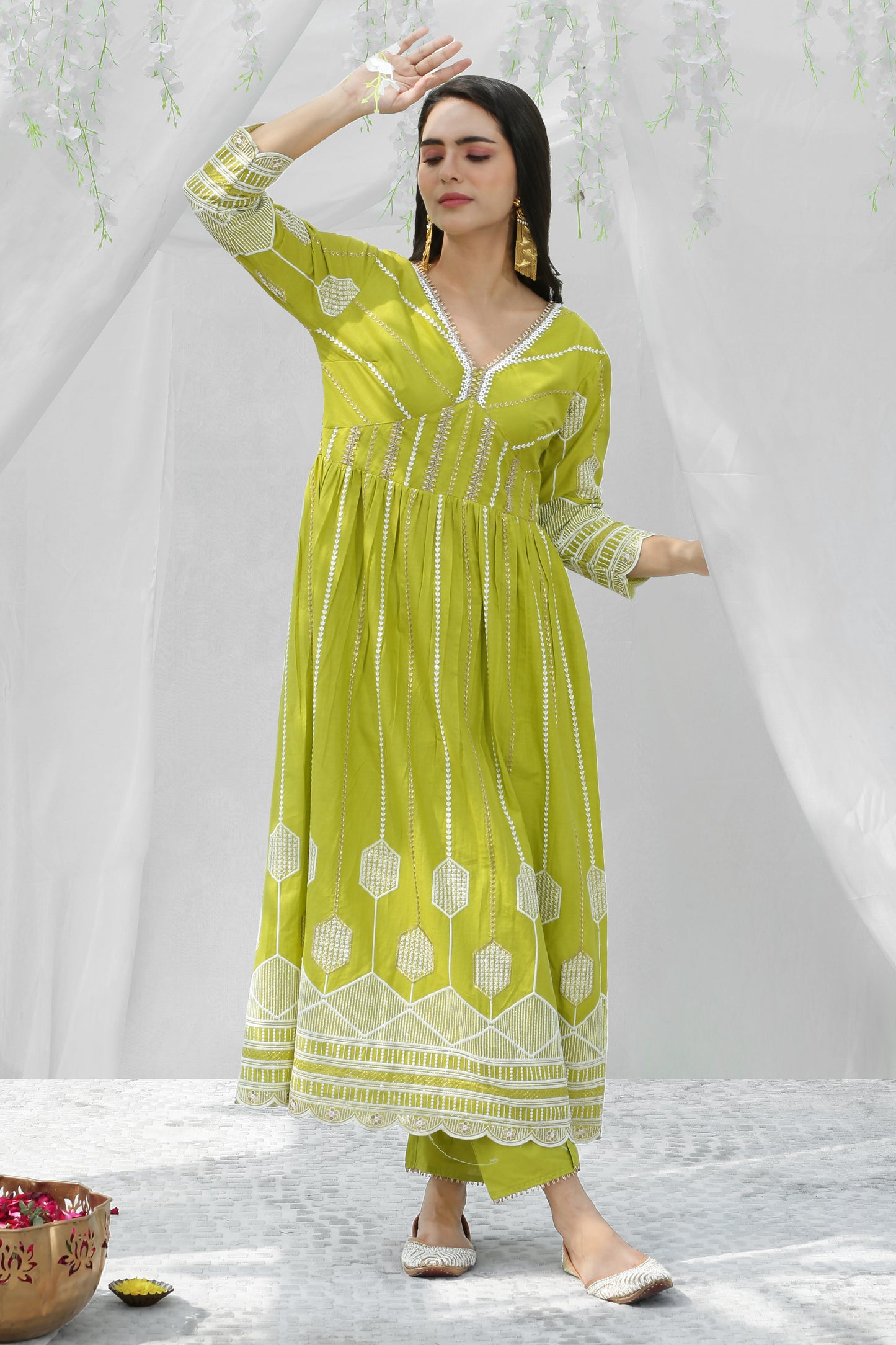 Lime And Gold Chikankari Embroidered Kurta Set