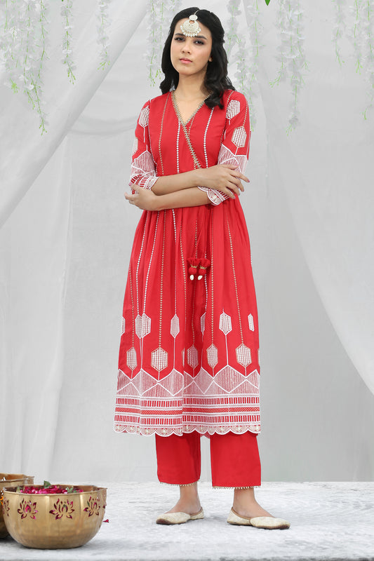 Red And Gold Chikankari Embroidered Kurta Set