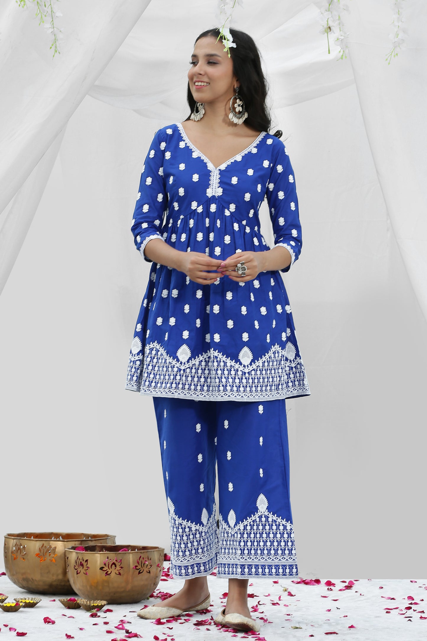 Indigo White Floral Embroidery Kurta Set