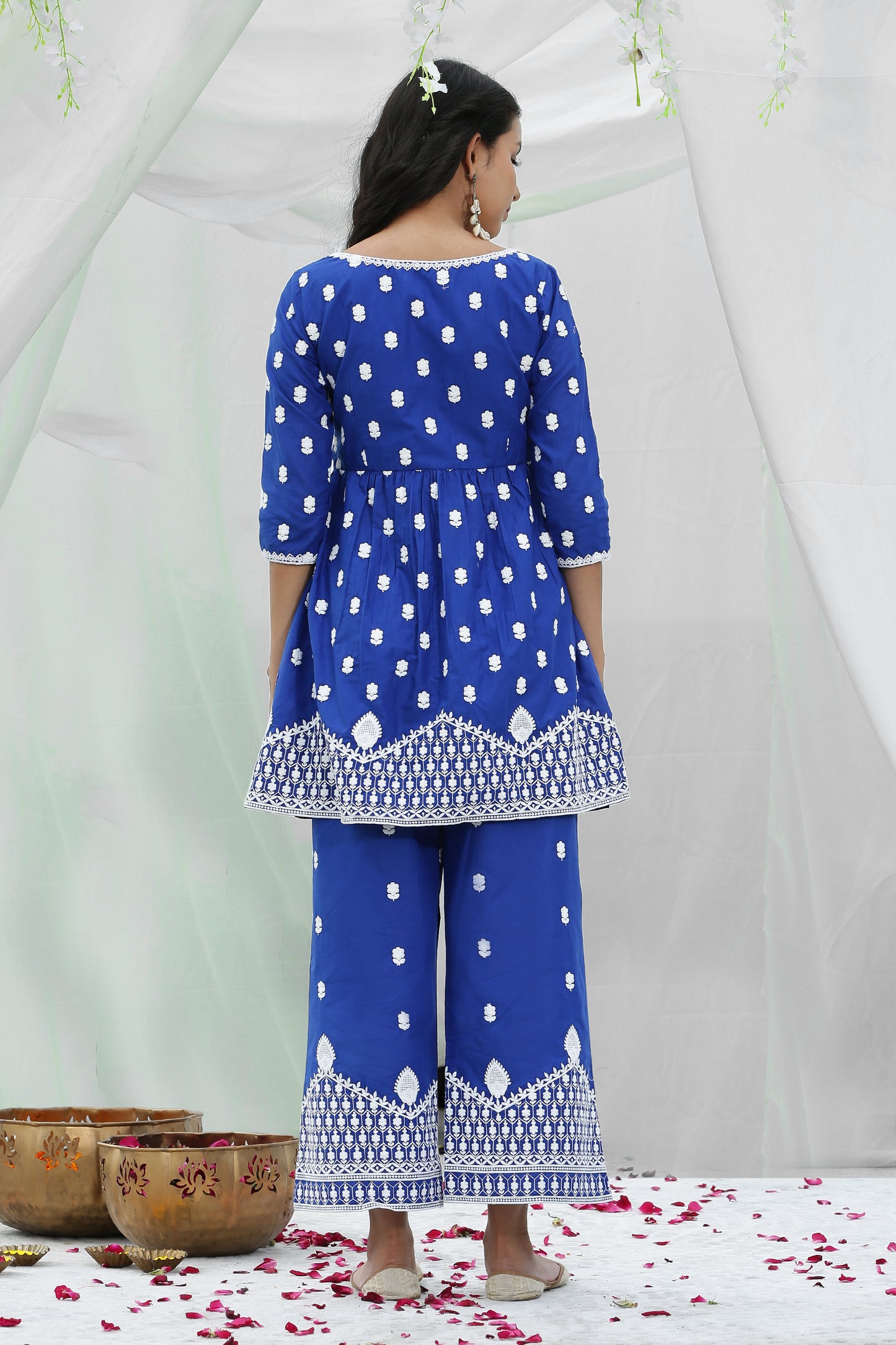 Indigo White Floral Embroidery Kurta Set
