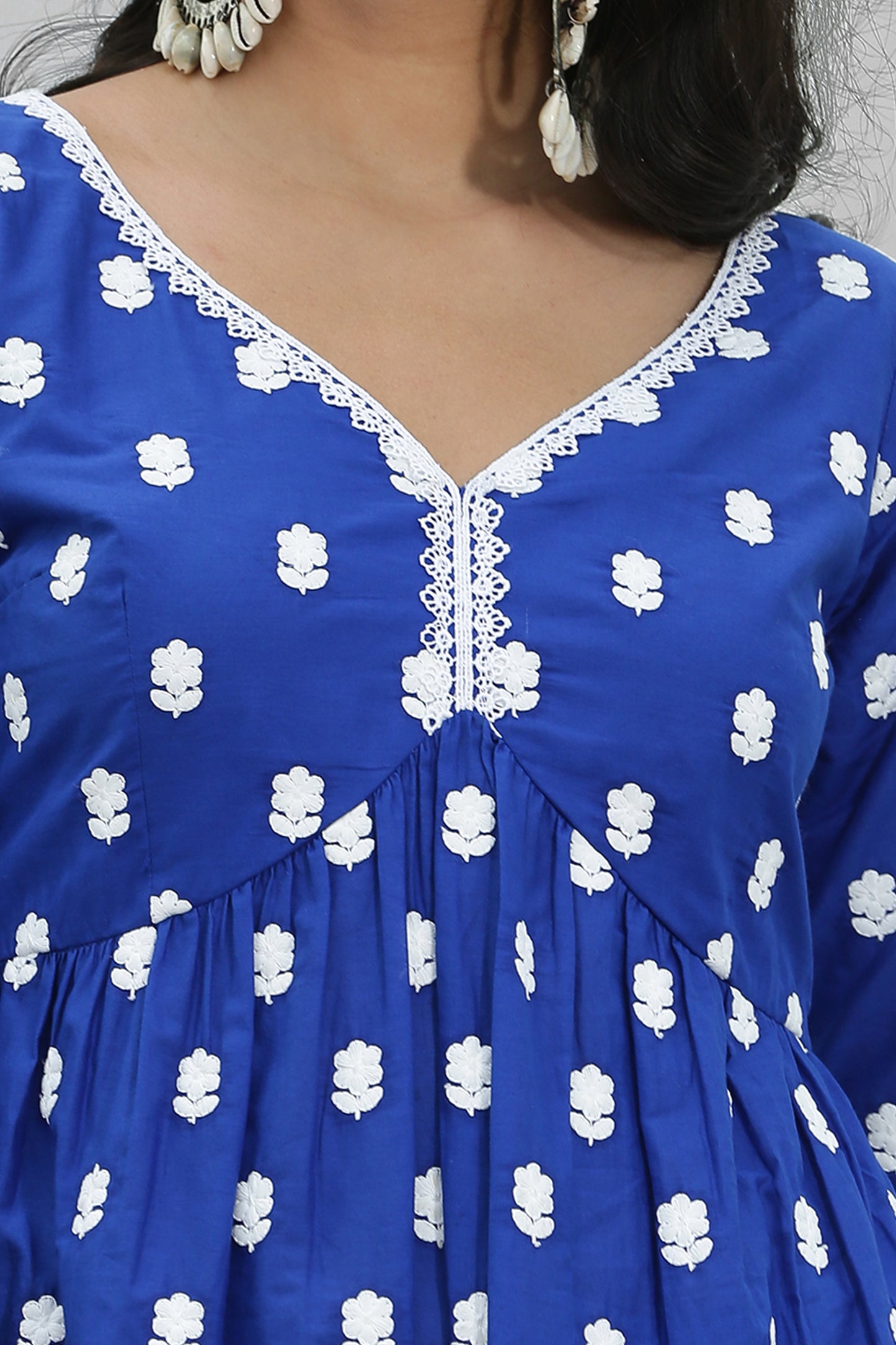 Indigo White Floral Embroidery Kurta Set