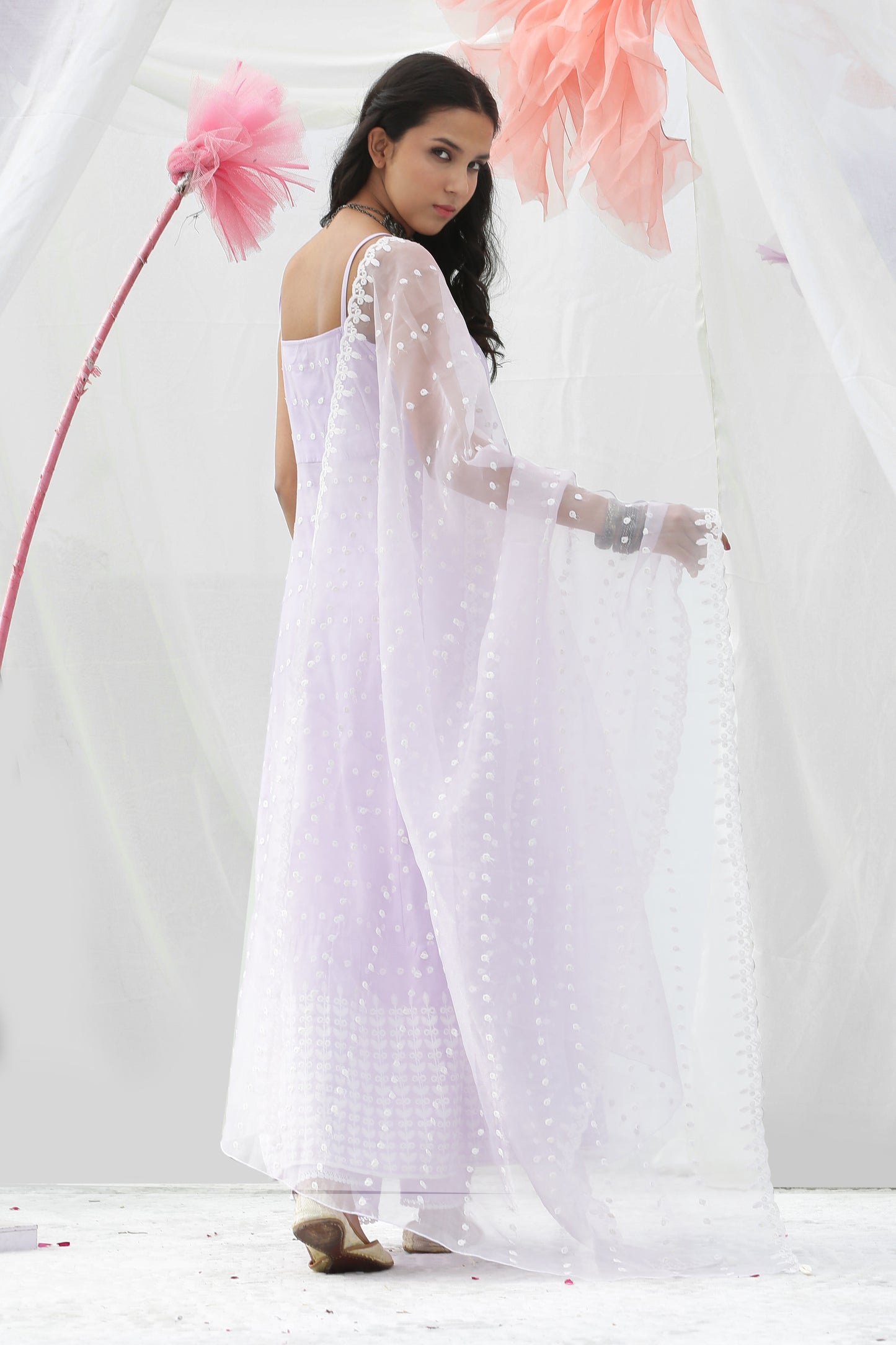 Lavender Halter Embroidered Kurta Set with Organza Dupatta