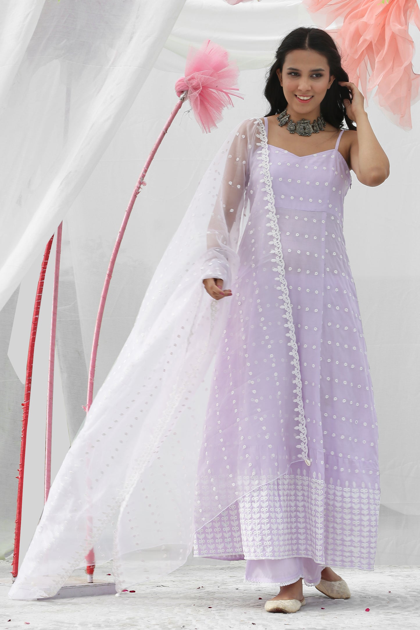 Lavender Halter Embroidered Kurta Set with Organza Dupatta