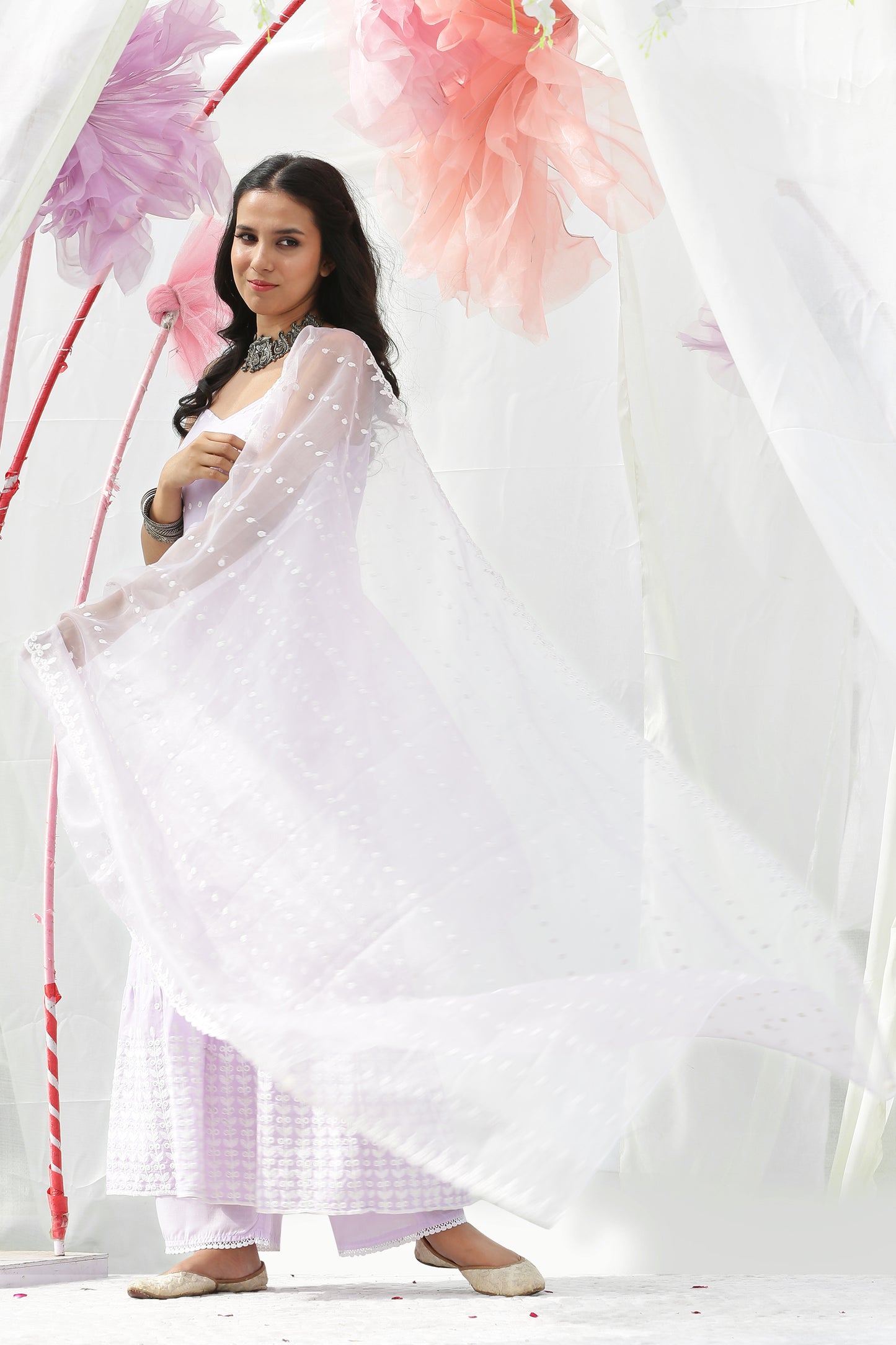 Lavender Halter Embroidered Kurta Set with Organza Dupatta