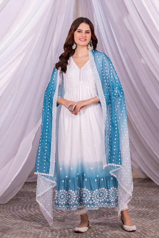 White-Teal Ombre Tiered Suit Set