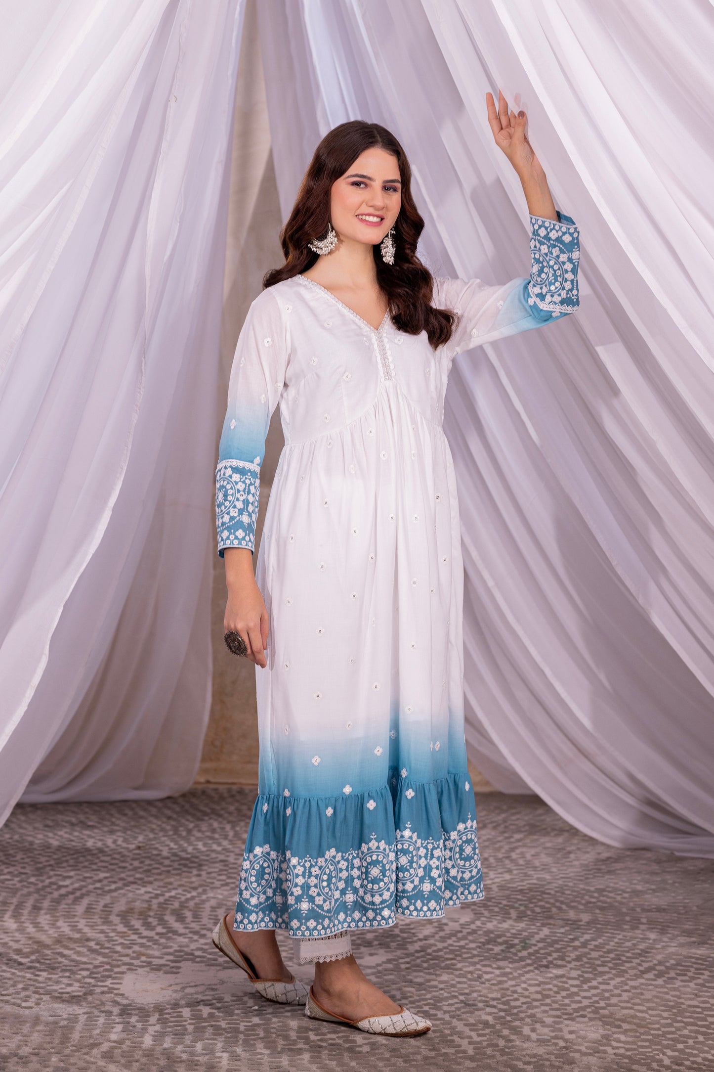 White-Teal Ombre Tiered Suit Set