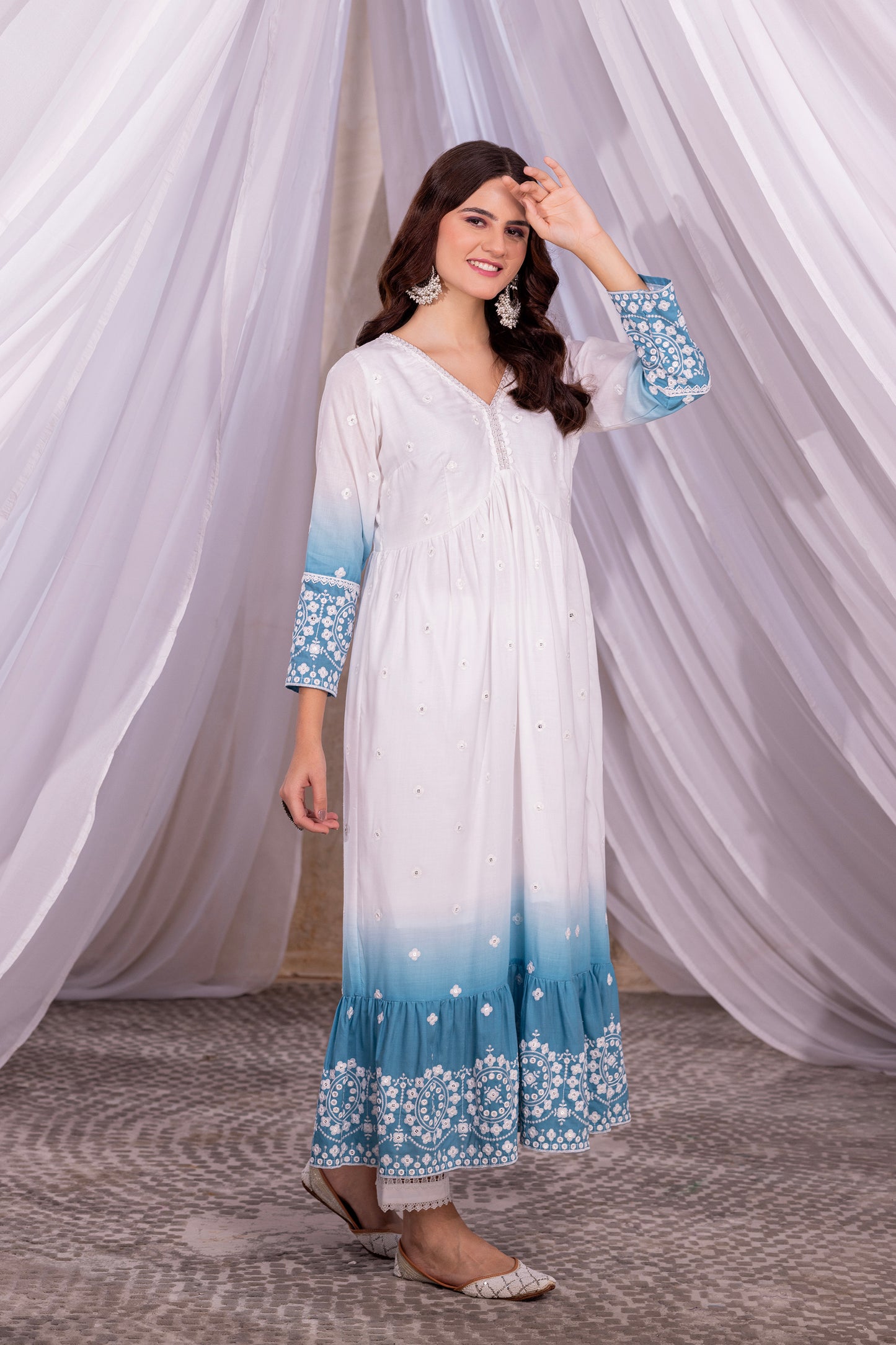 White-Teal Ombre Tiered Suit Set