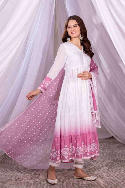 White-Mauve Ombre Tiered Suit Set