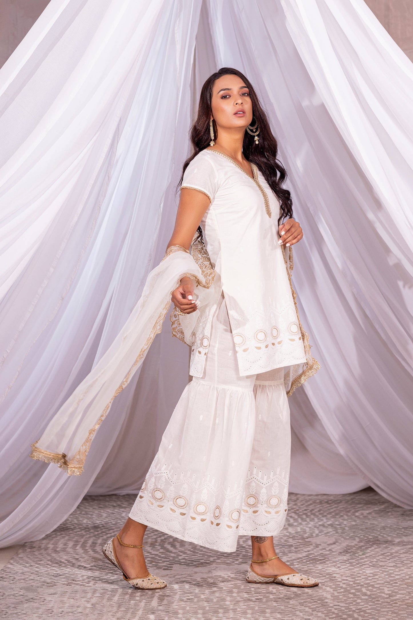 Off-White and Gold Embroidered Suit Set