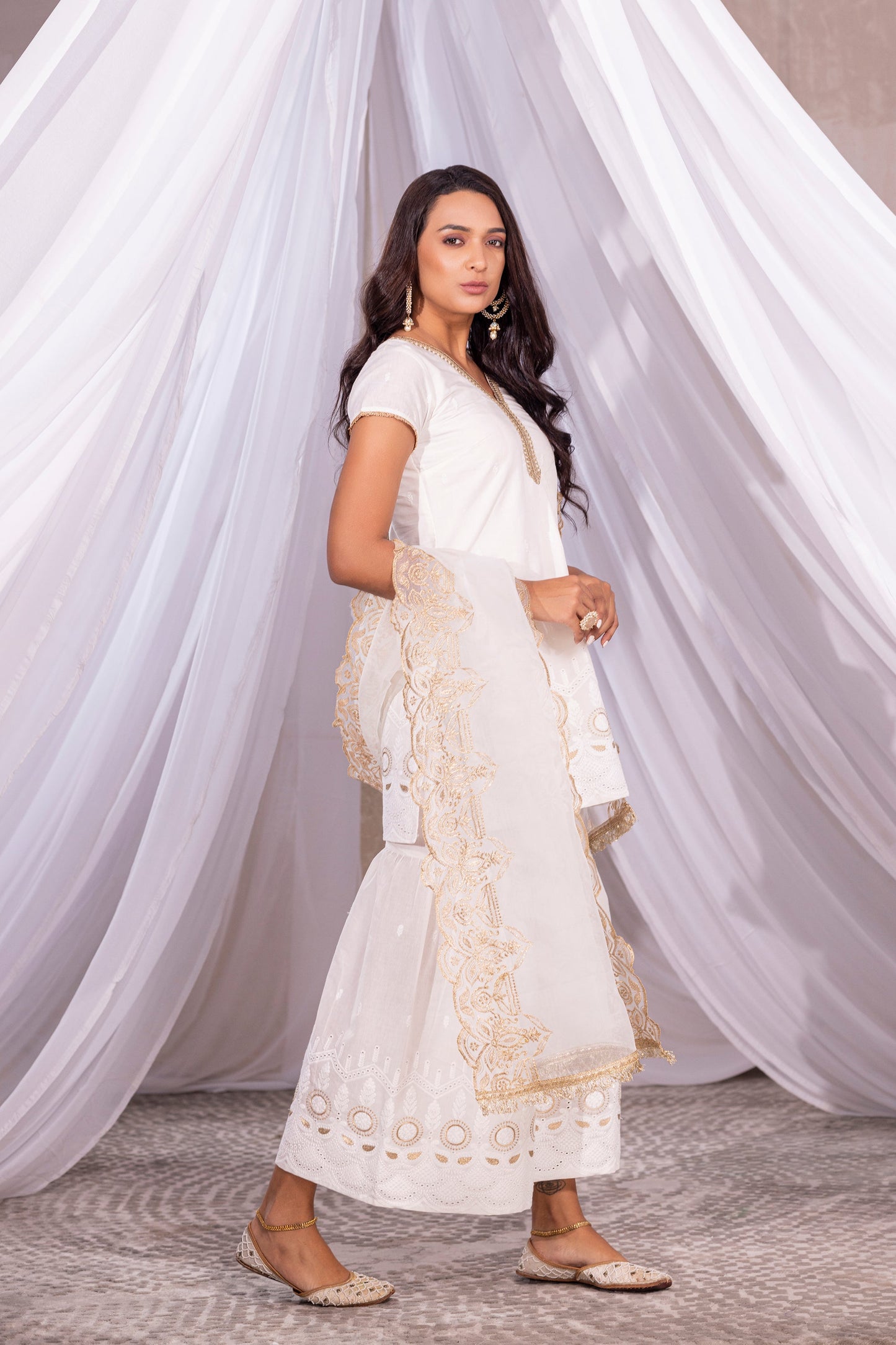 Off-White and Gold Embroidered Suit Set