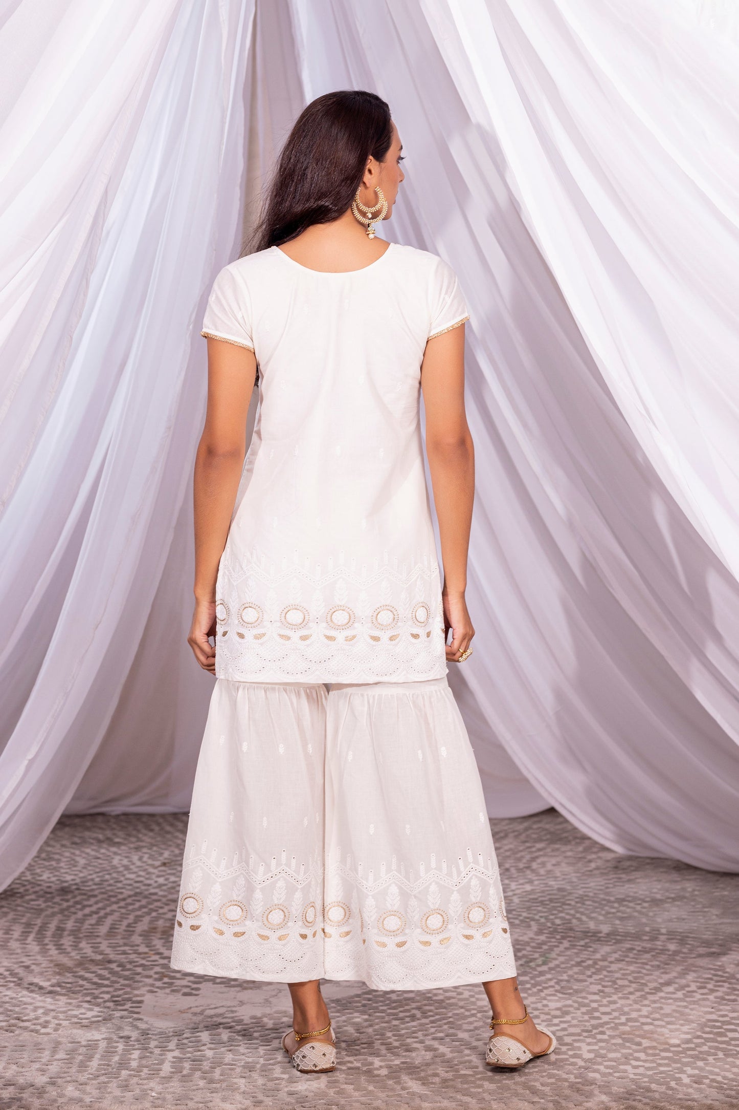 Off-White and Gold Embroidered Suit Set