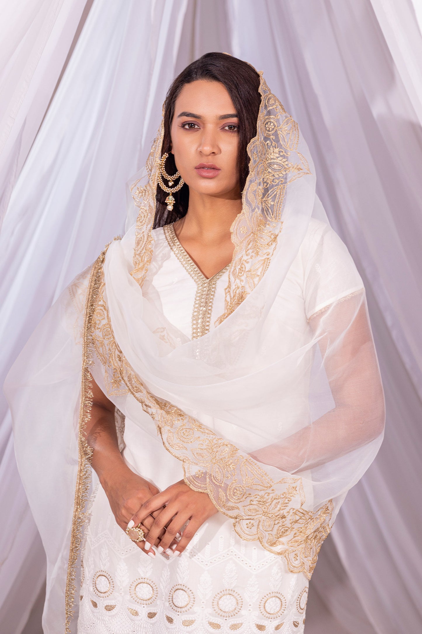 Off-White and Gold Embroidered Suit Set