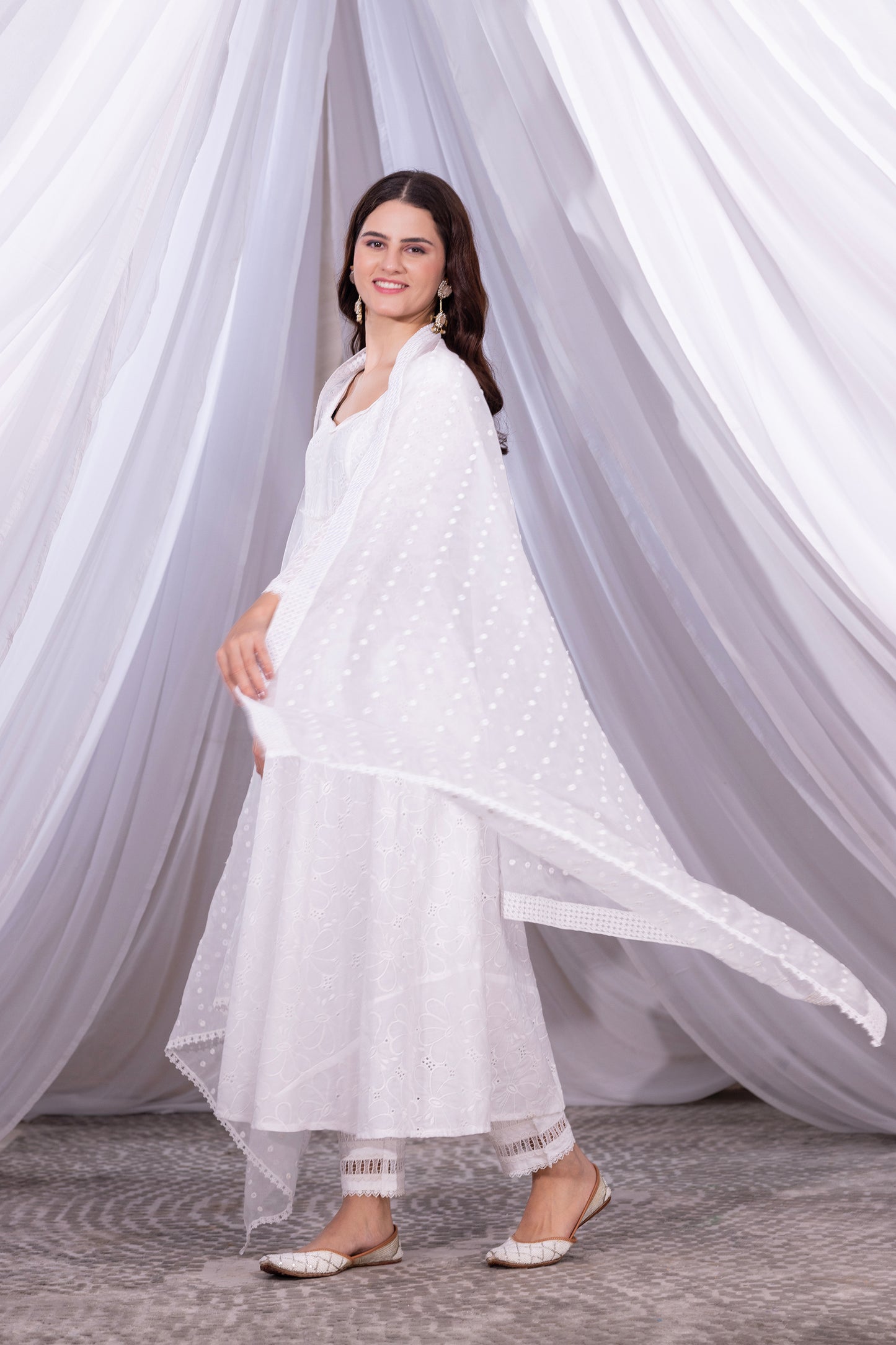 White Floral Flared Anarkali Kurta Set