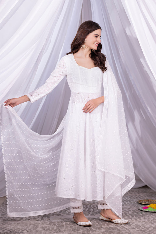 White Floral Flared Anarkali Kurta Set