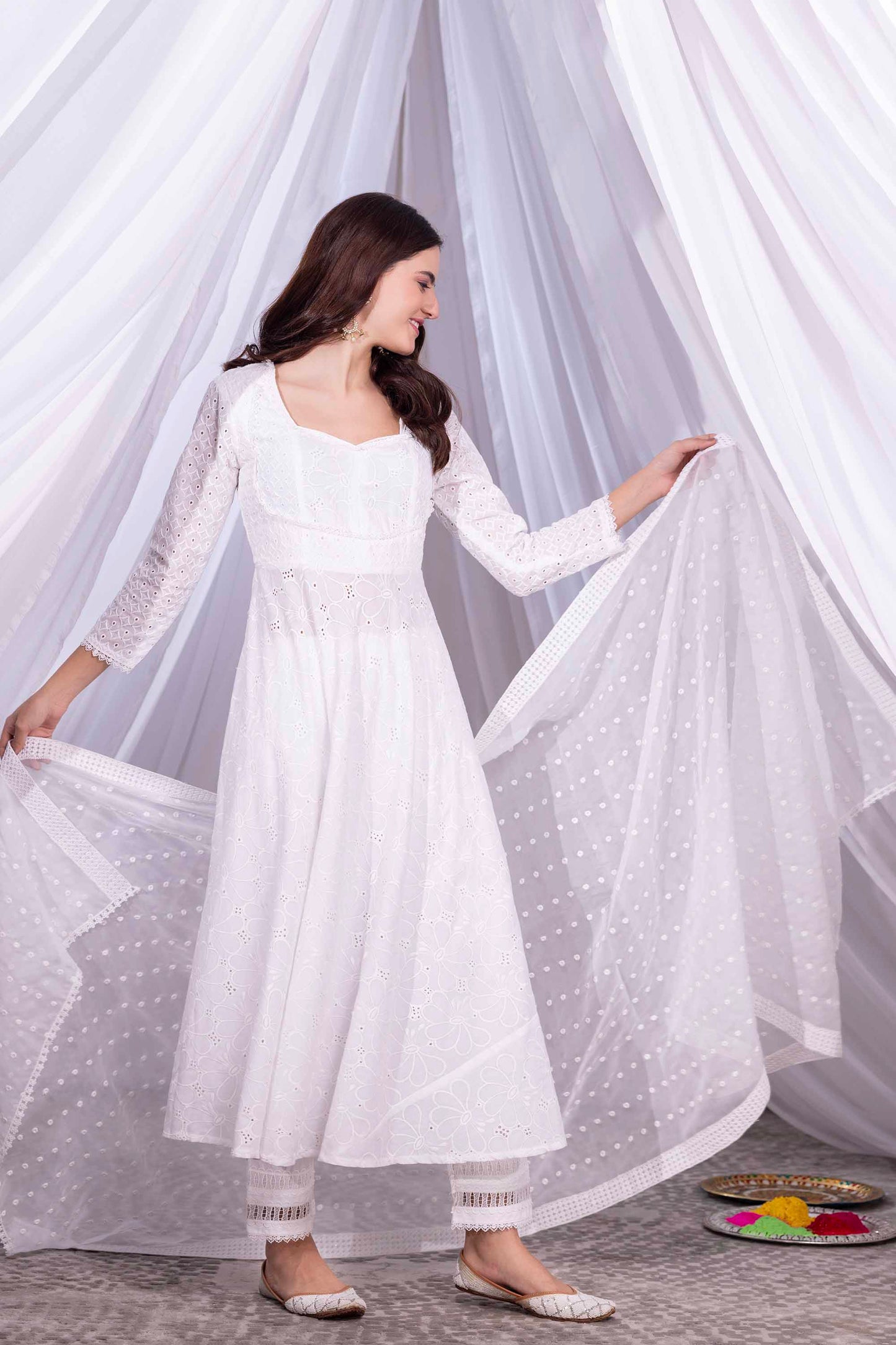 White Floral Flared Anarkali Kurta Set