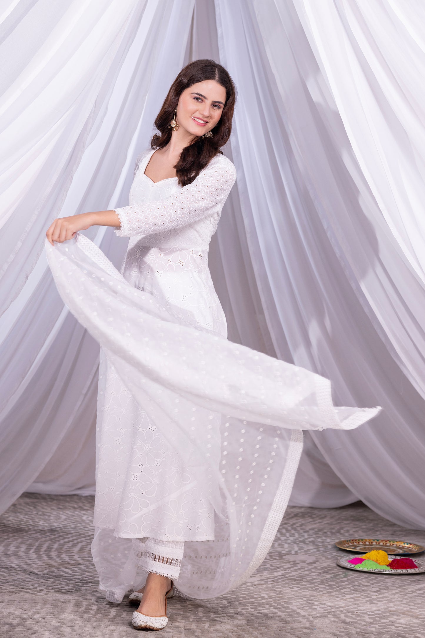 White Floral Flared Anarkali Kurta Set