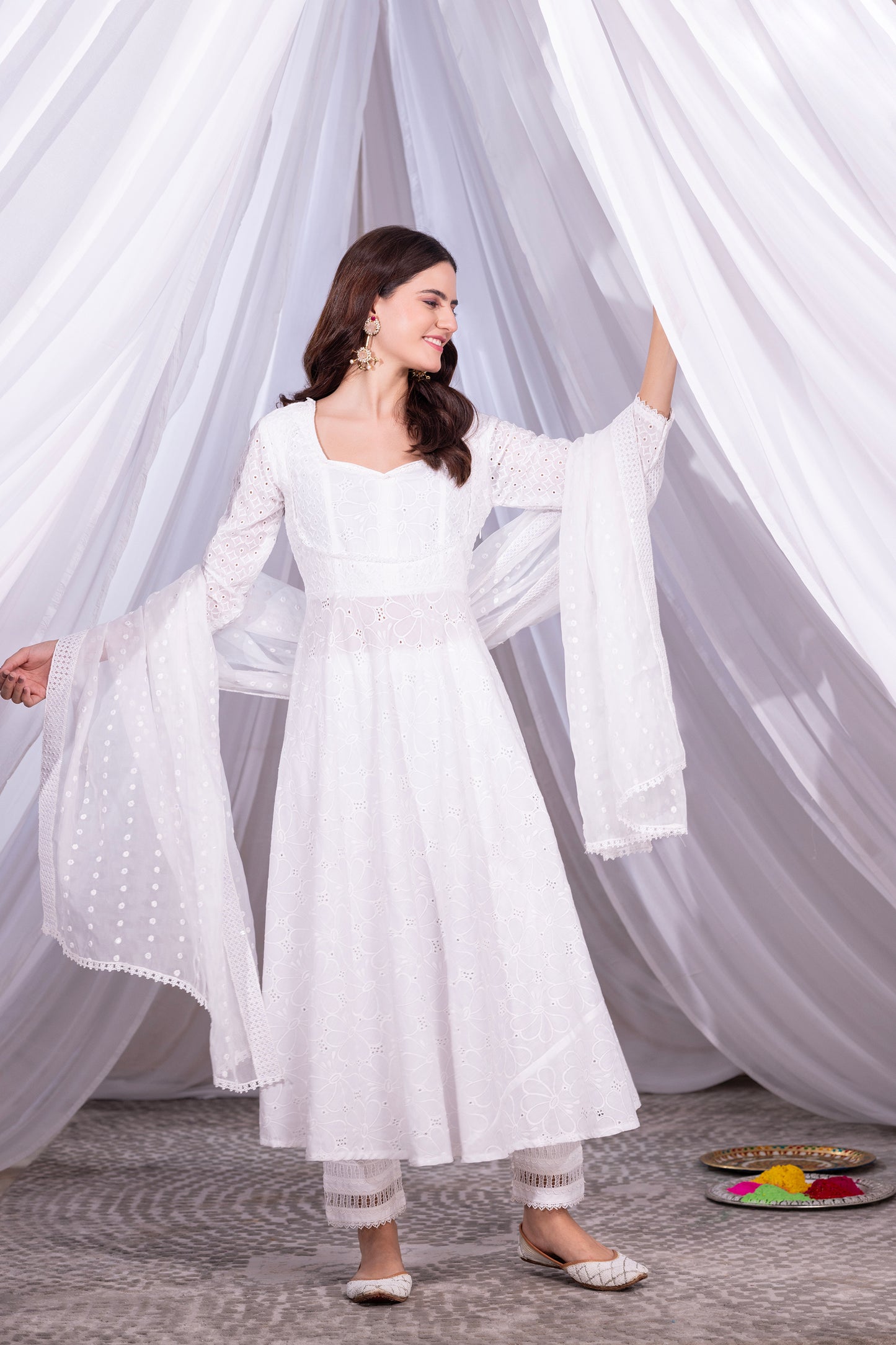 White Floral Flared Anarkali Kurta Set