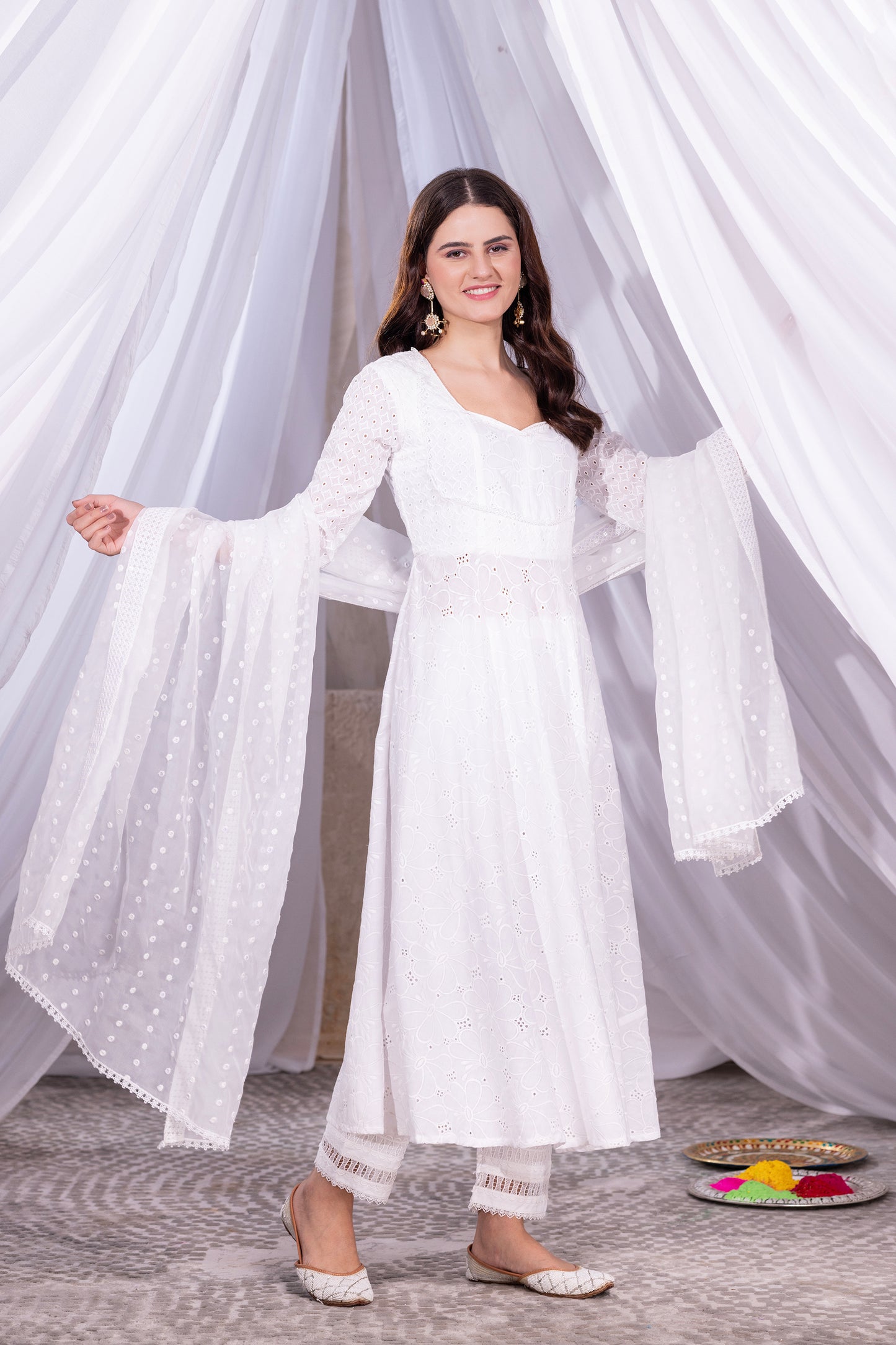 White Floral Flared Anarkali Kurta Set