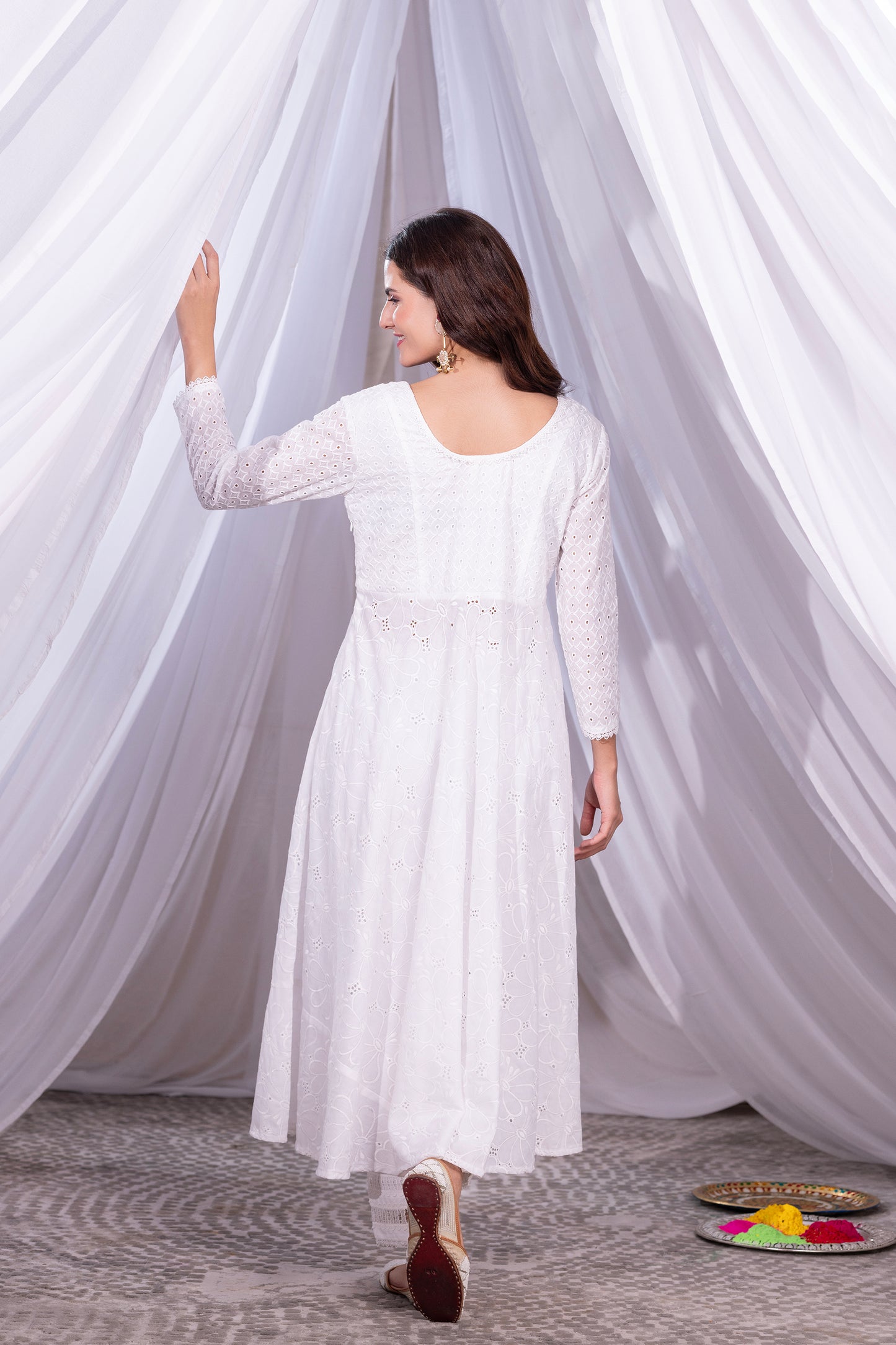 White Floral Flared Anarkali Kurta Set