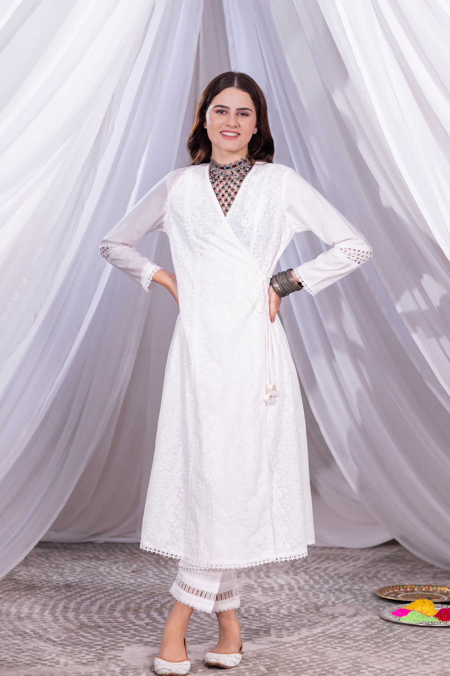 WHITE WRAP LUCKNOWI KURTA SET