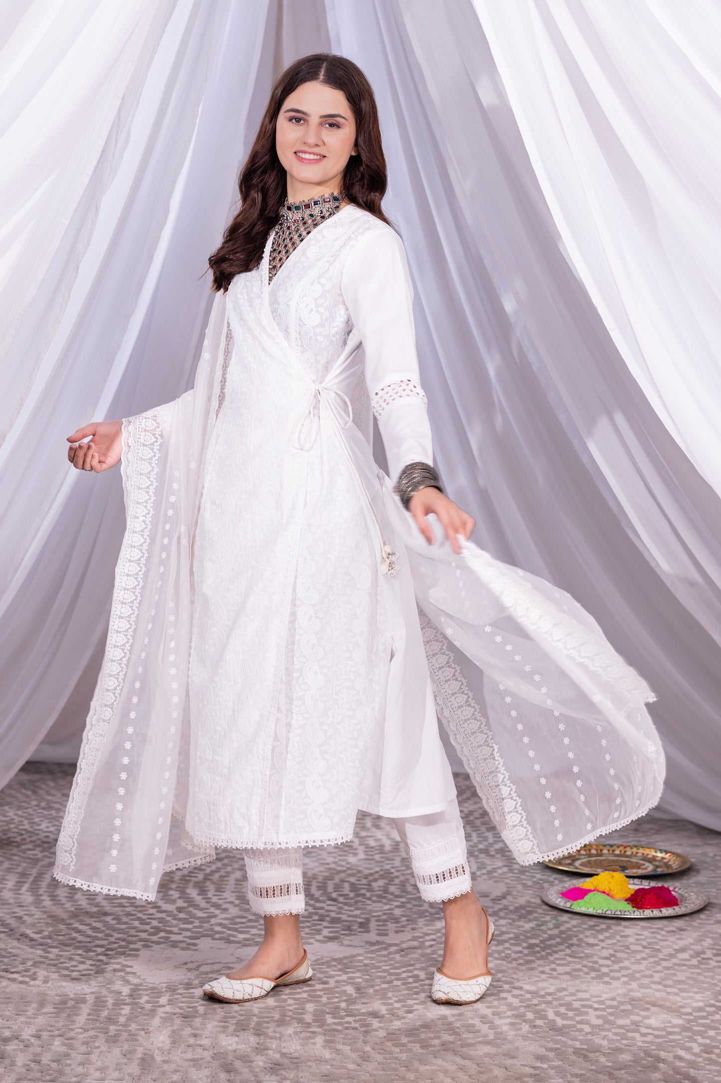 WHITE WRAP LUCKNOWI KURTA SET