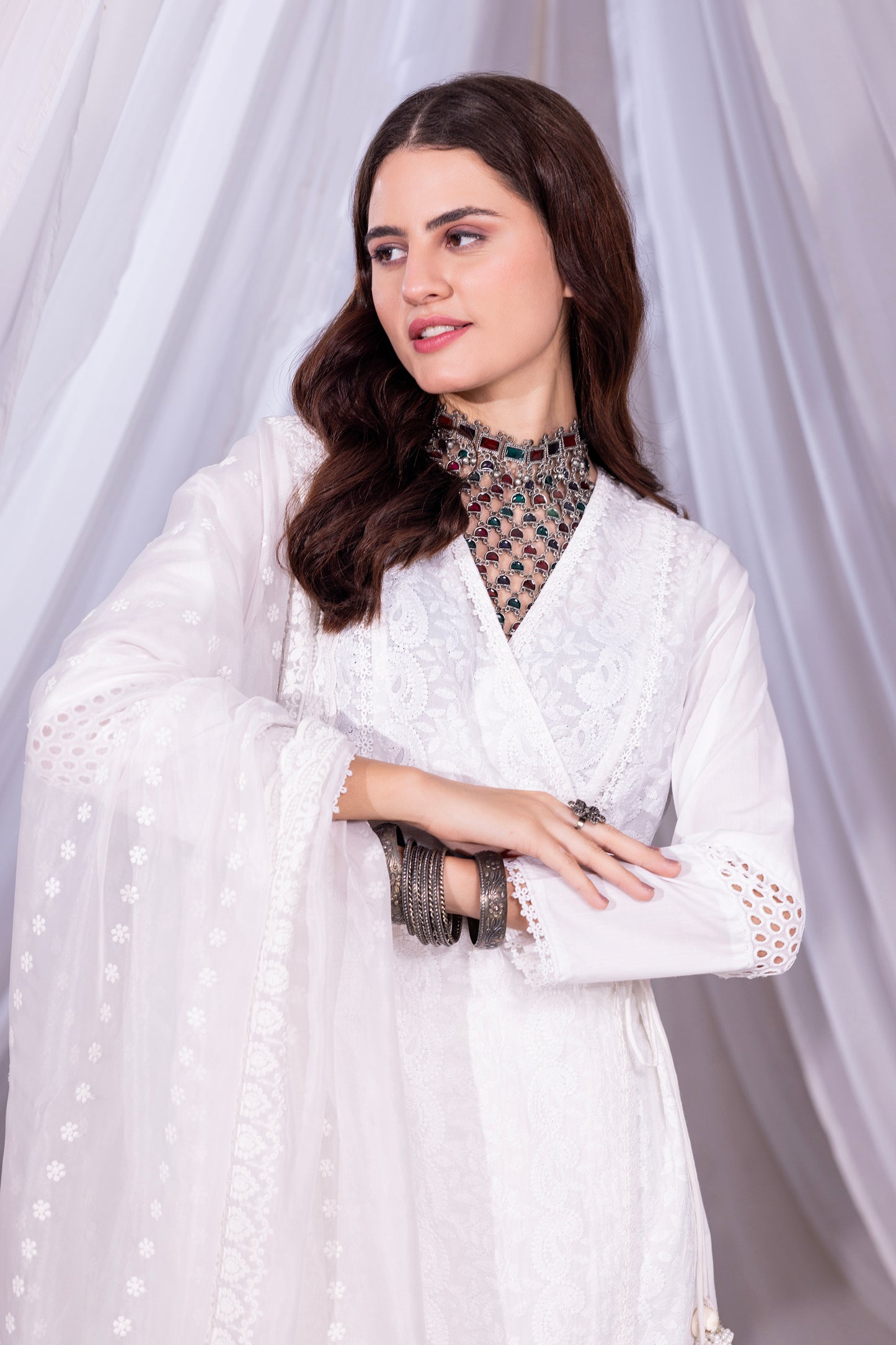 WHITE WRAP LUCKNOWI KURTA SET