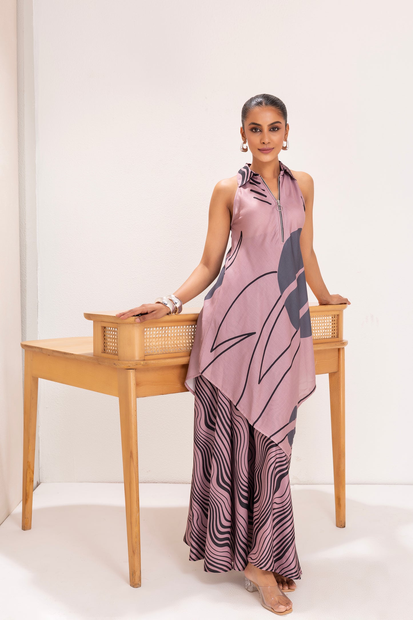 DUSTY PINK AND GREY PRINTED TUNIC SET