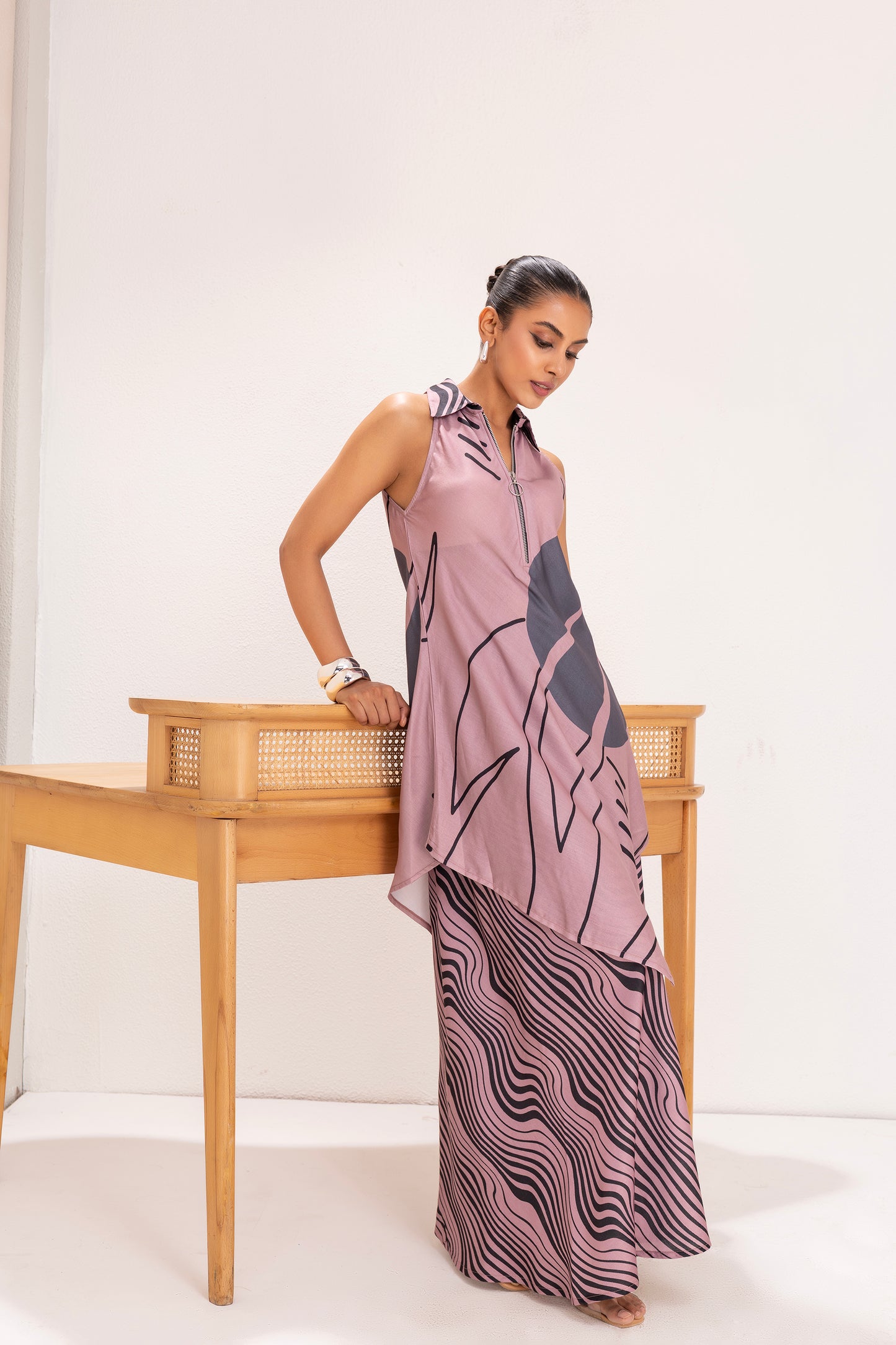 DUSTY PINK AND GREY PRINTED TUNIC SET