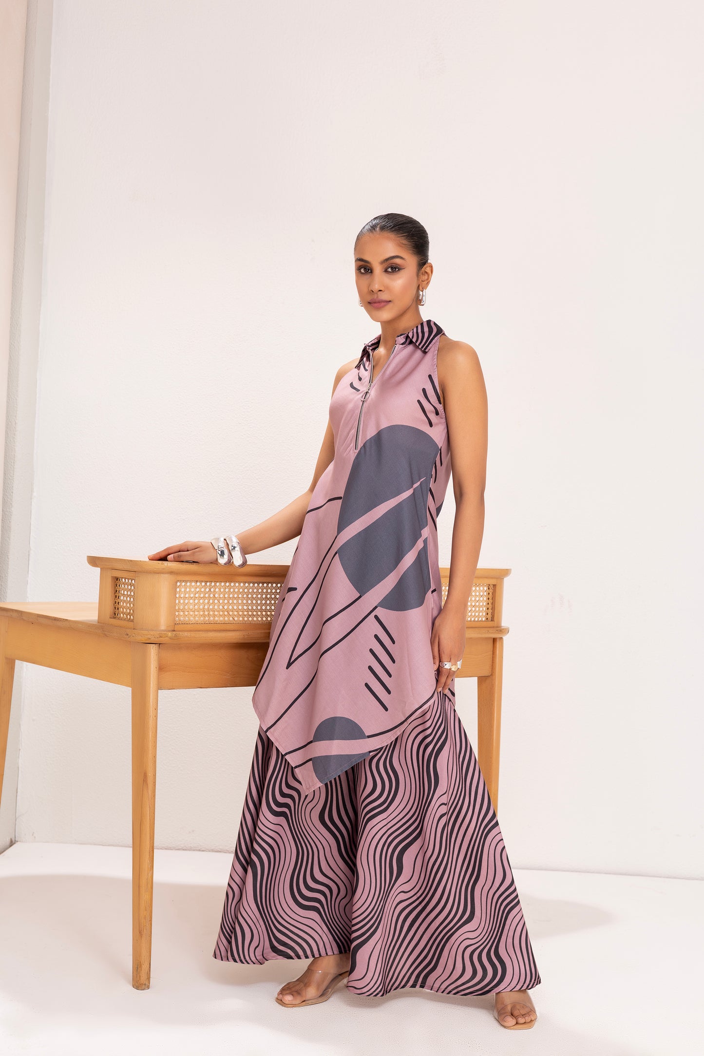 DUSTY PINK AND GREY PRINTED TUNIC SET