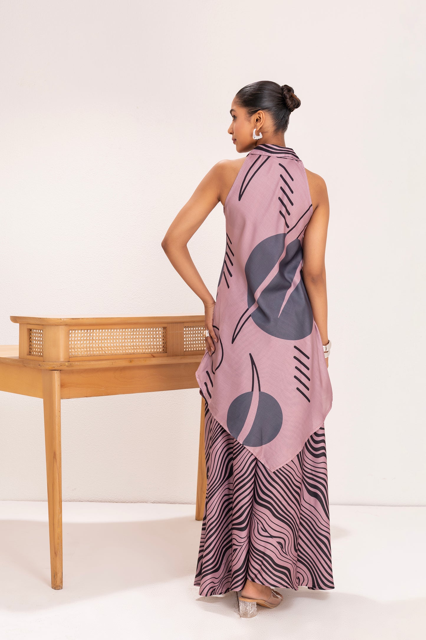 DUSTY PINK AND GREY PRINTED TUNIC SET