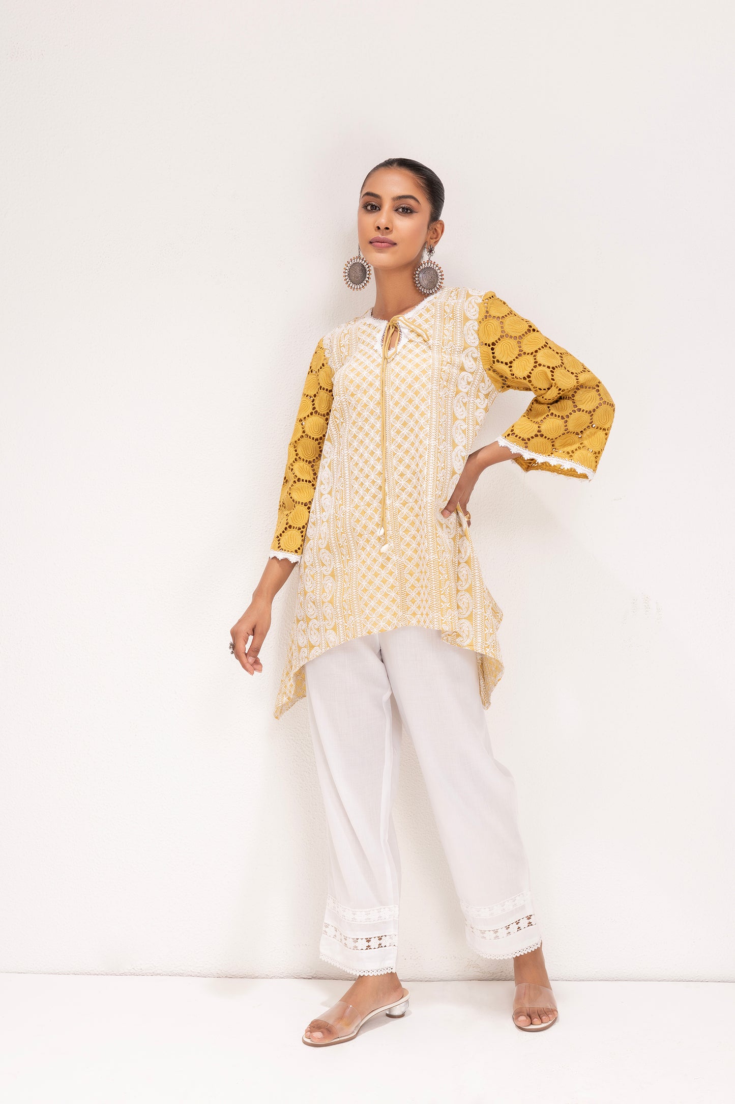 MUSTARD AND WHITE EMBROIDERED KURTA