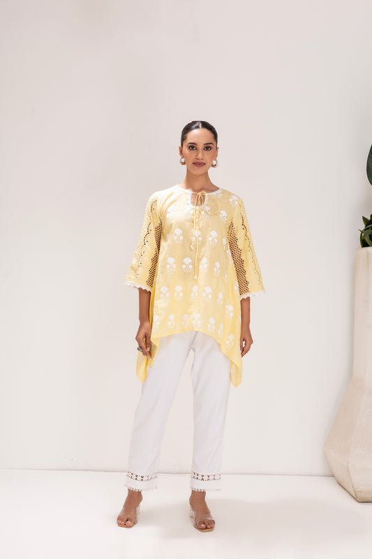 LEMON EMBROIDERED ASYMMETRICAL KURTA