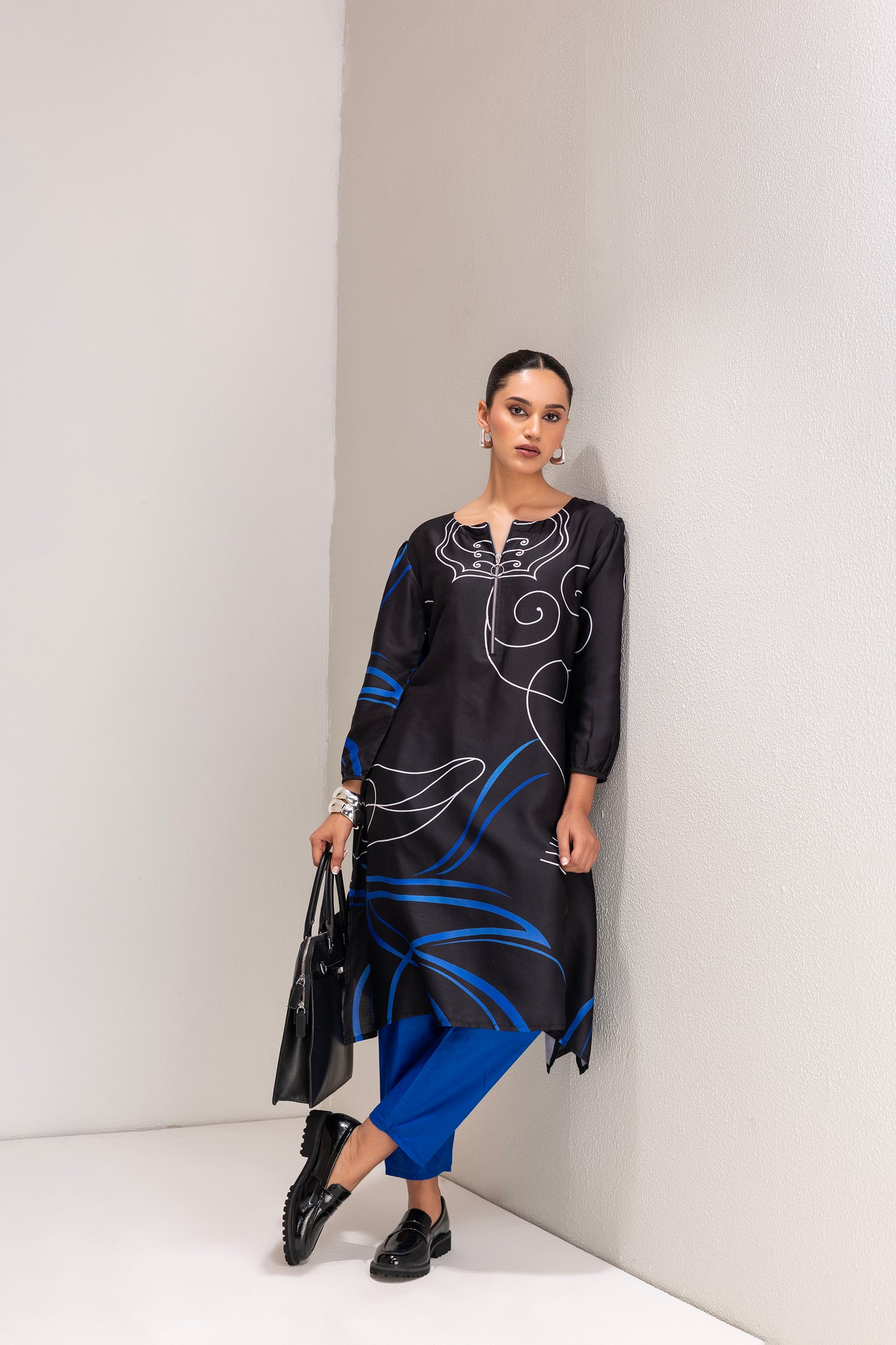 BLACK AND BLUE PRINTED TUNIC SET