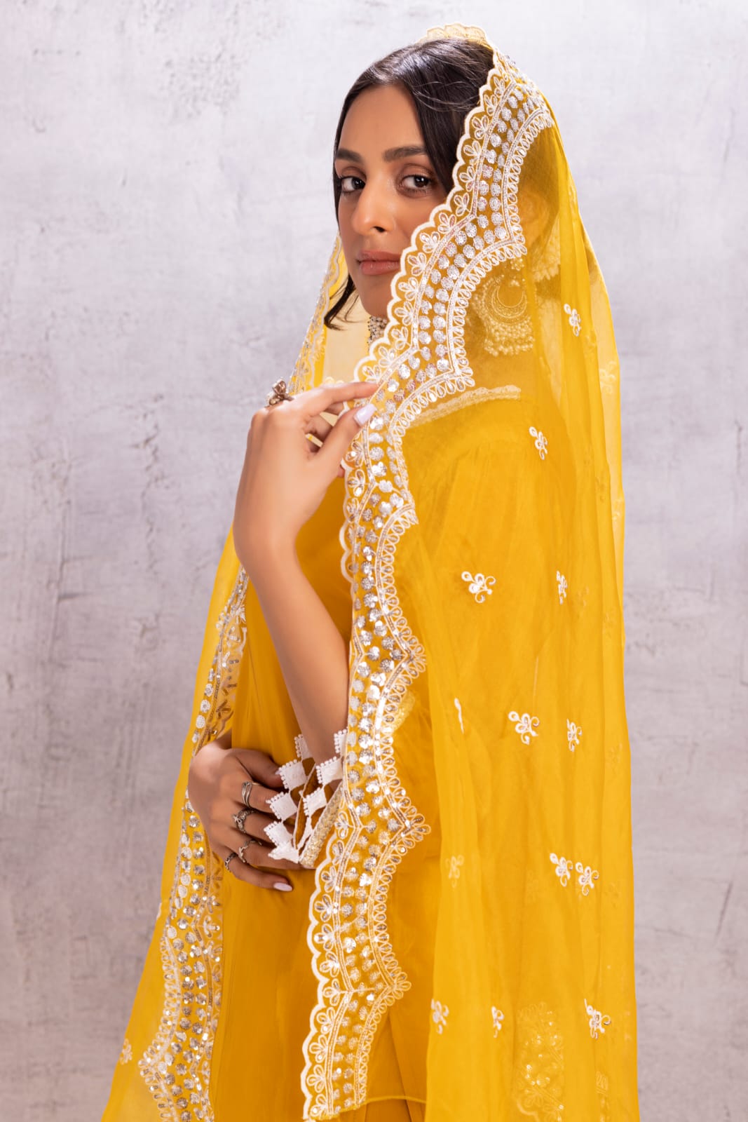 MUSTARD Crepe SUIT SET WITH ORGANZA DUPATTA