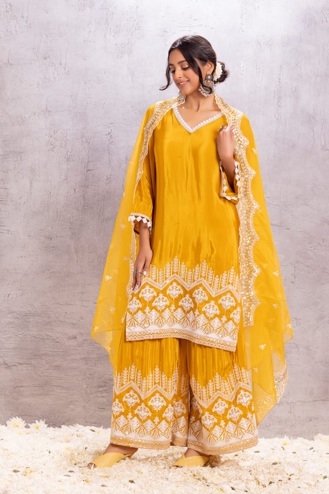 MUSTARD Crepe SUIT SET WITH ORGANZA DUPATTA