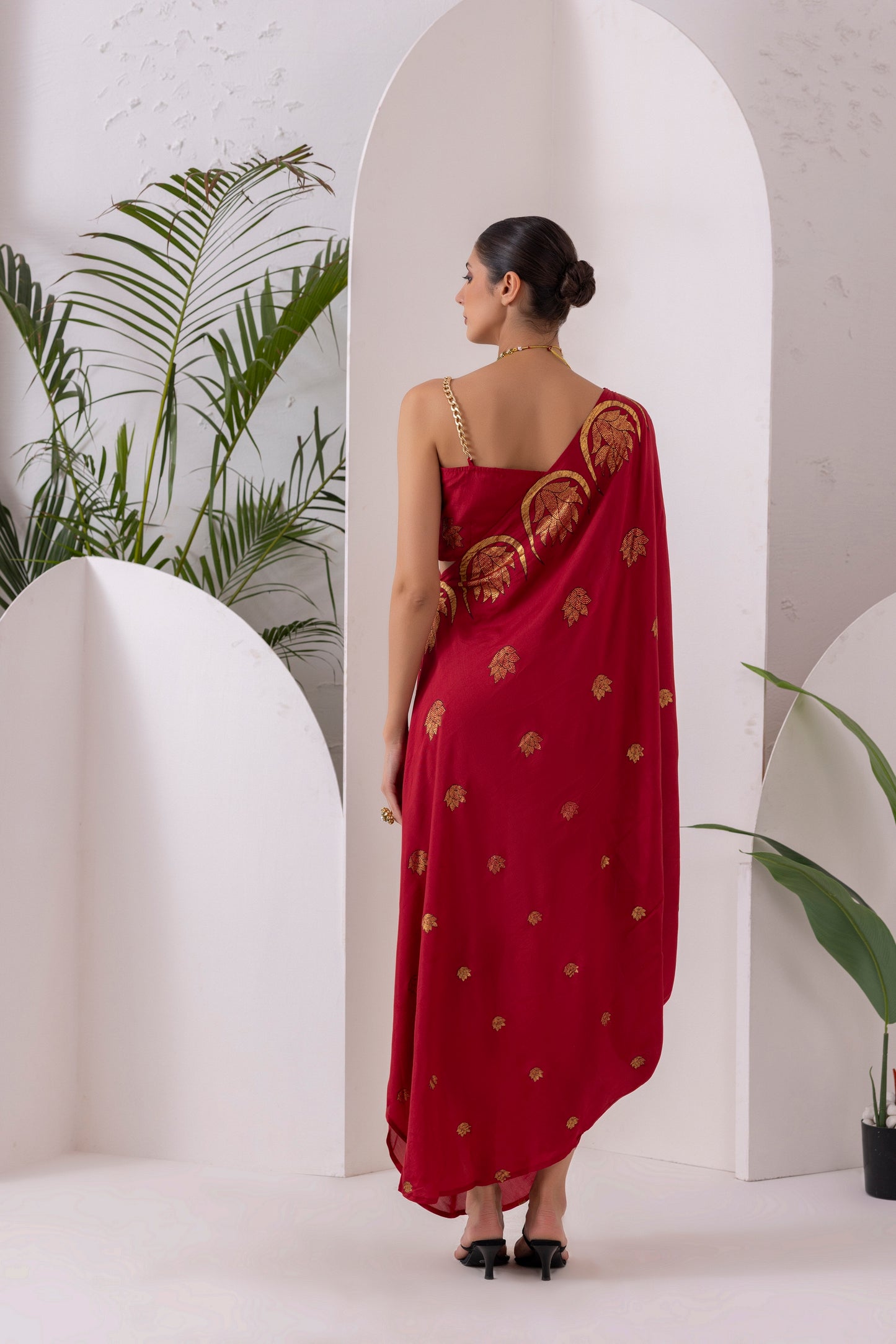 DEEP RED GOLD FUSION SAREE DRESS