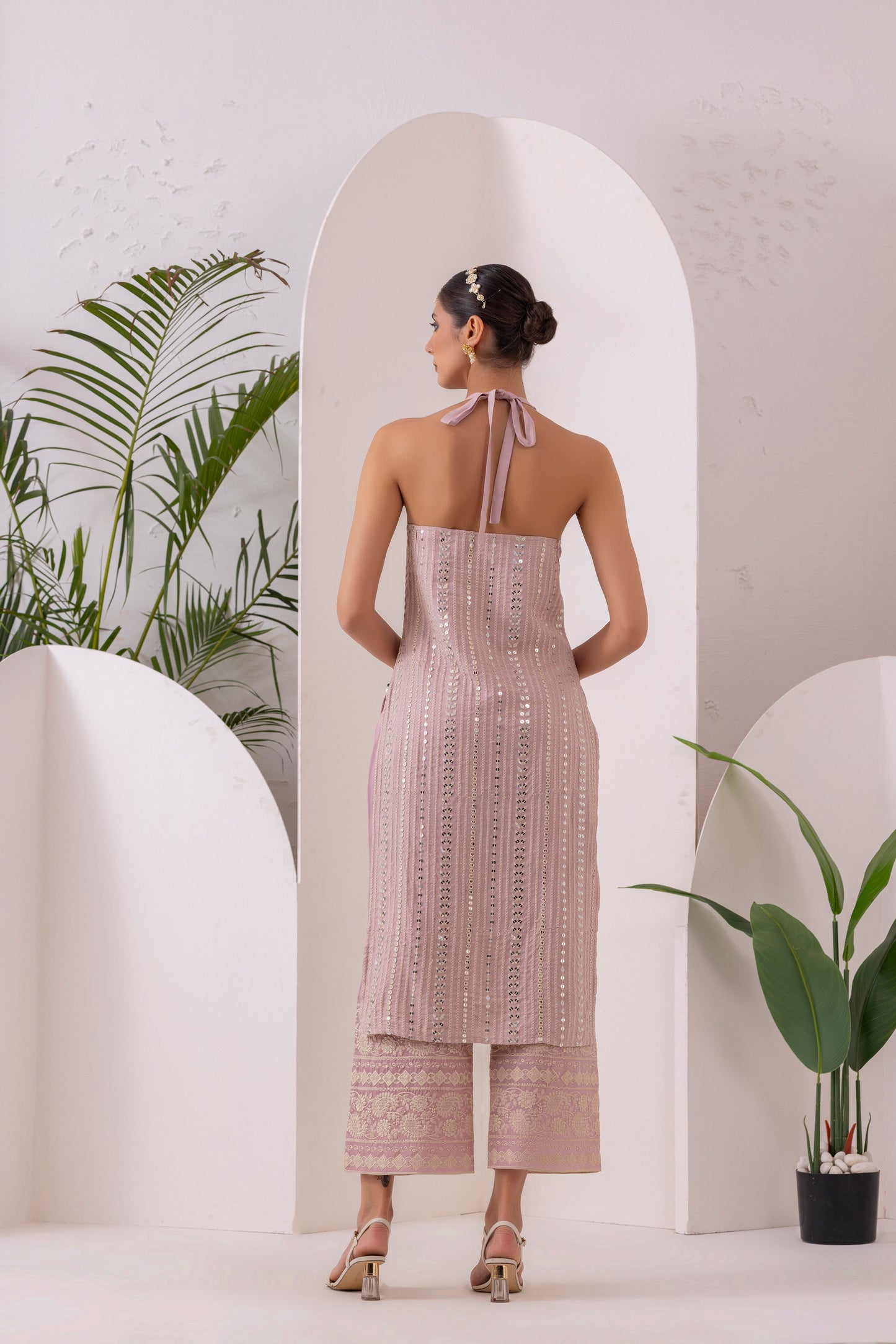 PINK SEQUENCE EMBROIDERED HALTER SUIT SET