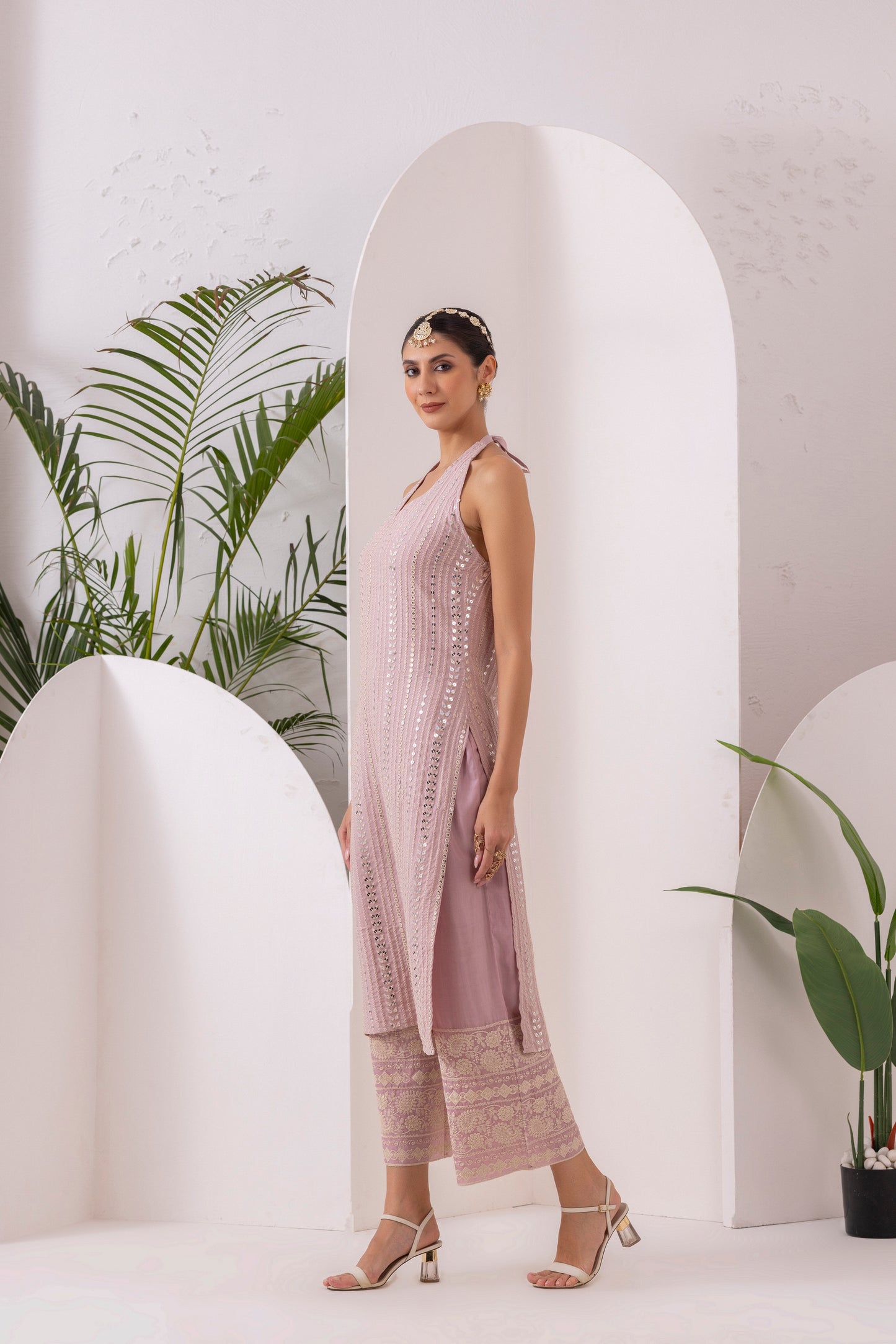 PINK SEQUENCE EMBROIDERED HALTER SUIT SET