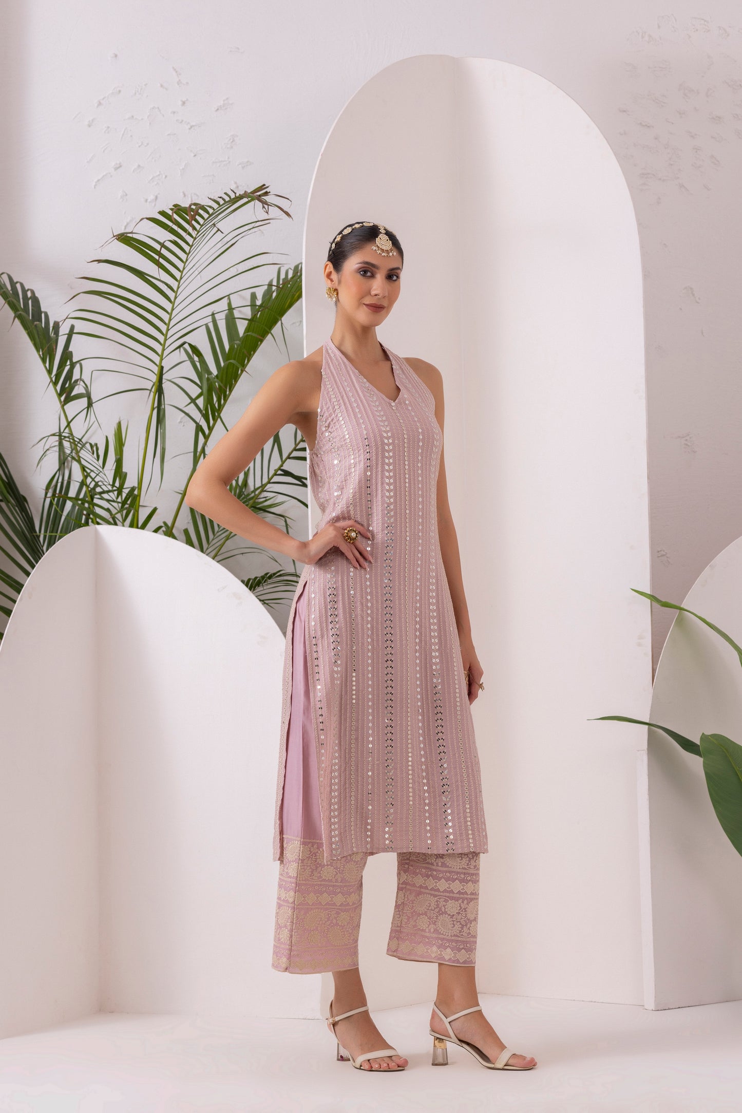 PINK SEQUENCE EMBROIDERED HALTER SUIT SET