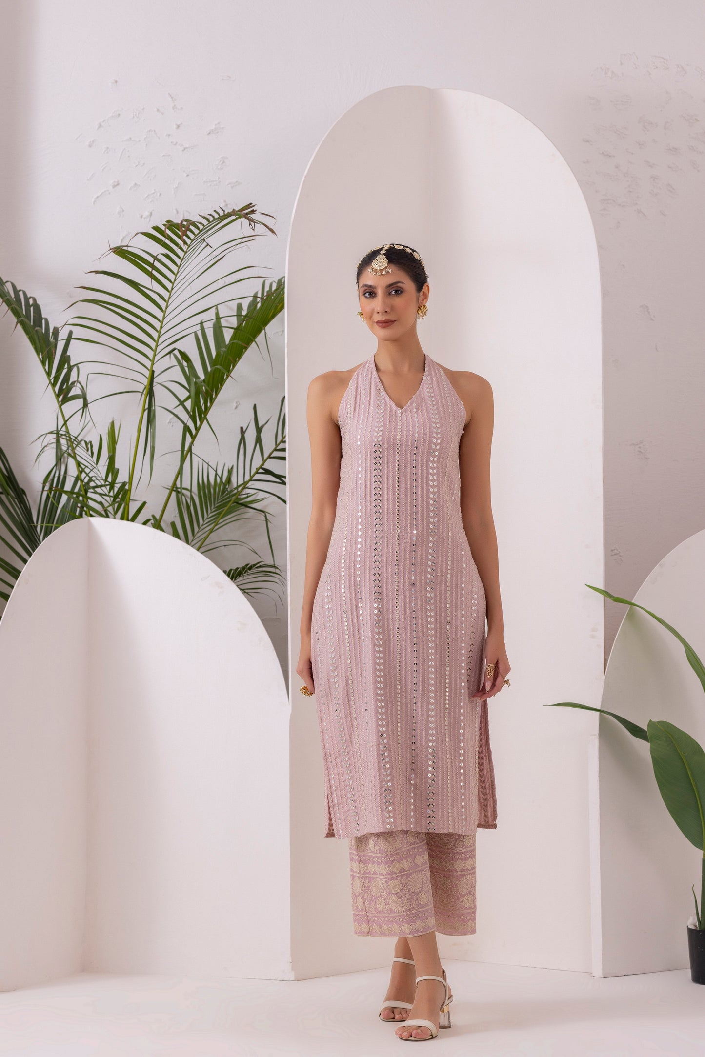 PINK SEQUENCE EMBROIDERED HALTER SUIT SET
