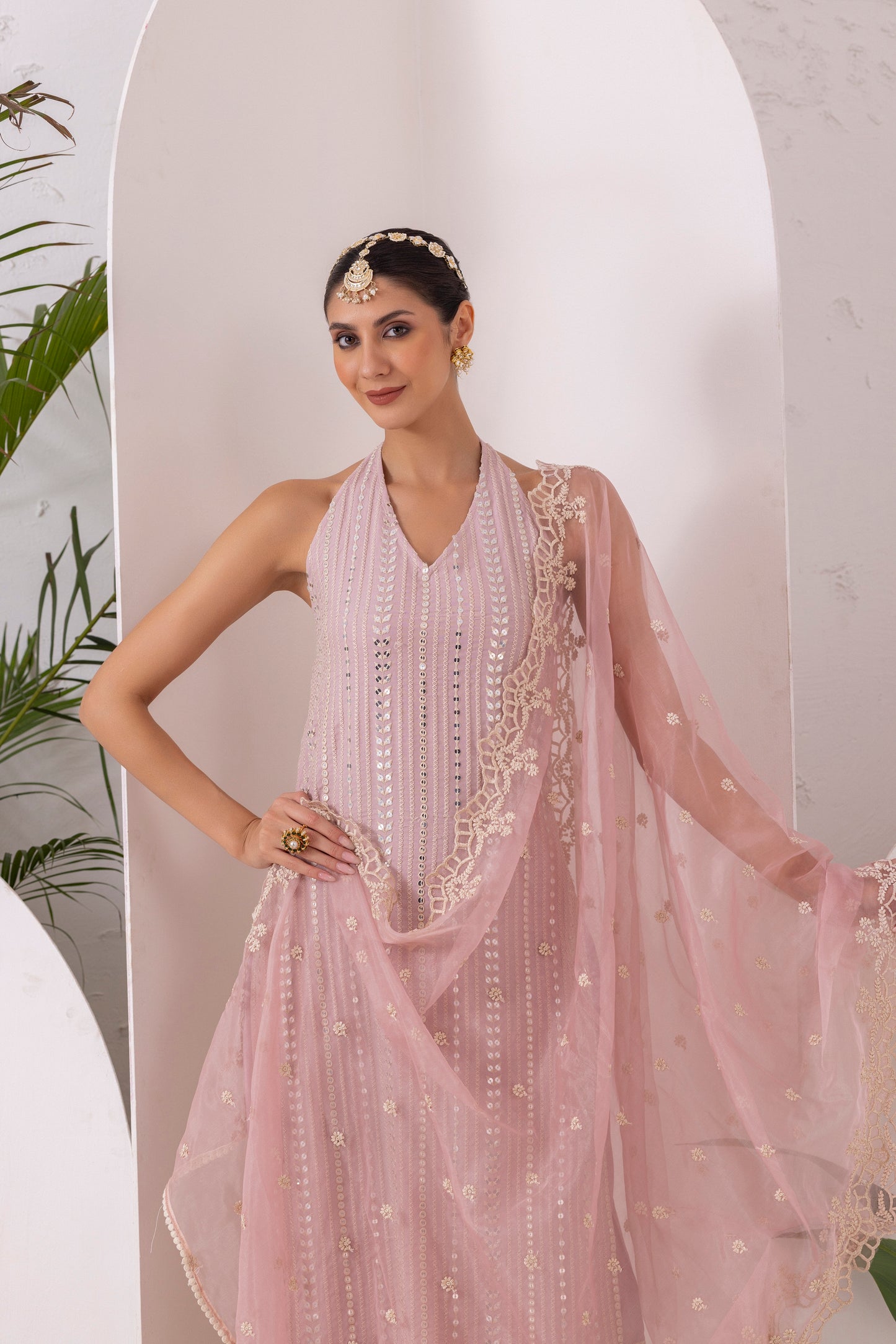 PINK SEQUENCE EMBROIDERED HALTER SUIT SET
