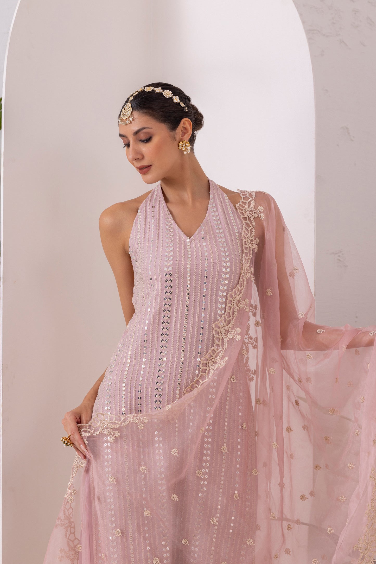 PINK SEQUENCE EMBROIDERED HALTER SUIT SET