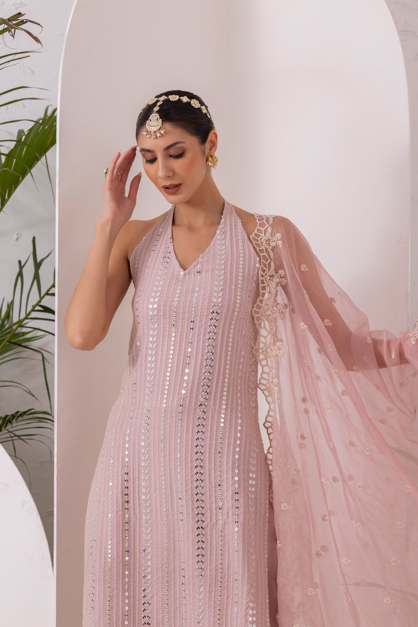 PINK SEQUENCE EMBROIDERED HALTER SUIT SET