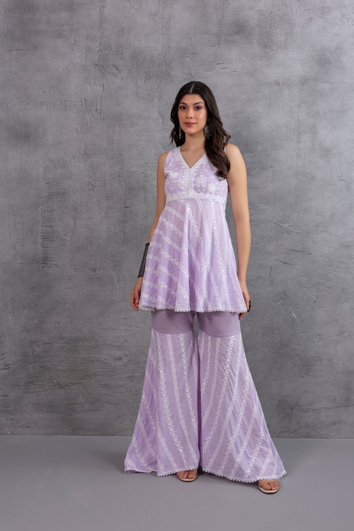 Lilac Bias Cut Floral Embroidered Kurta set
