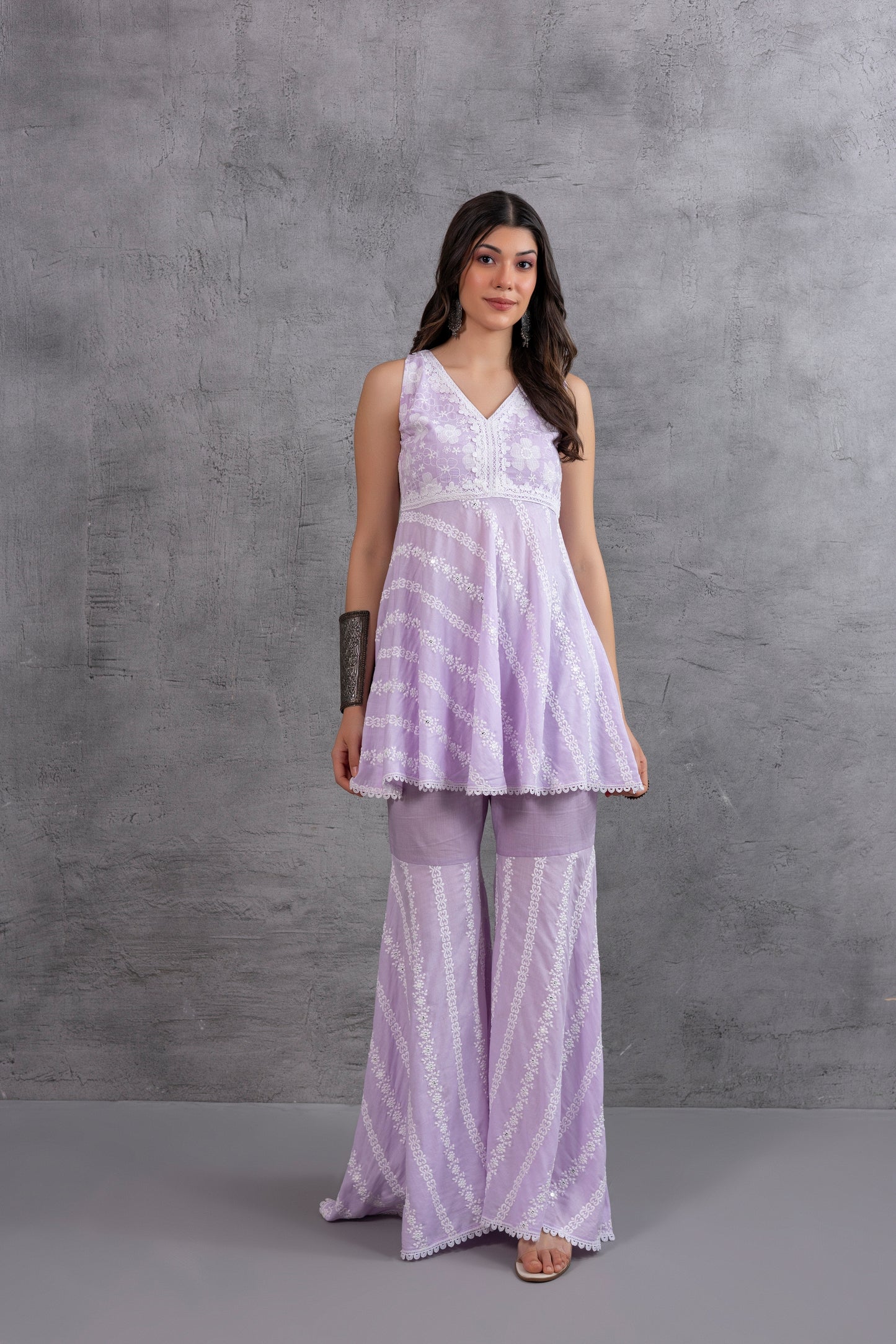 Lilac Bias Cut Floral Embroidered Kurta set