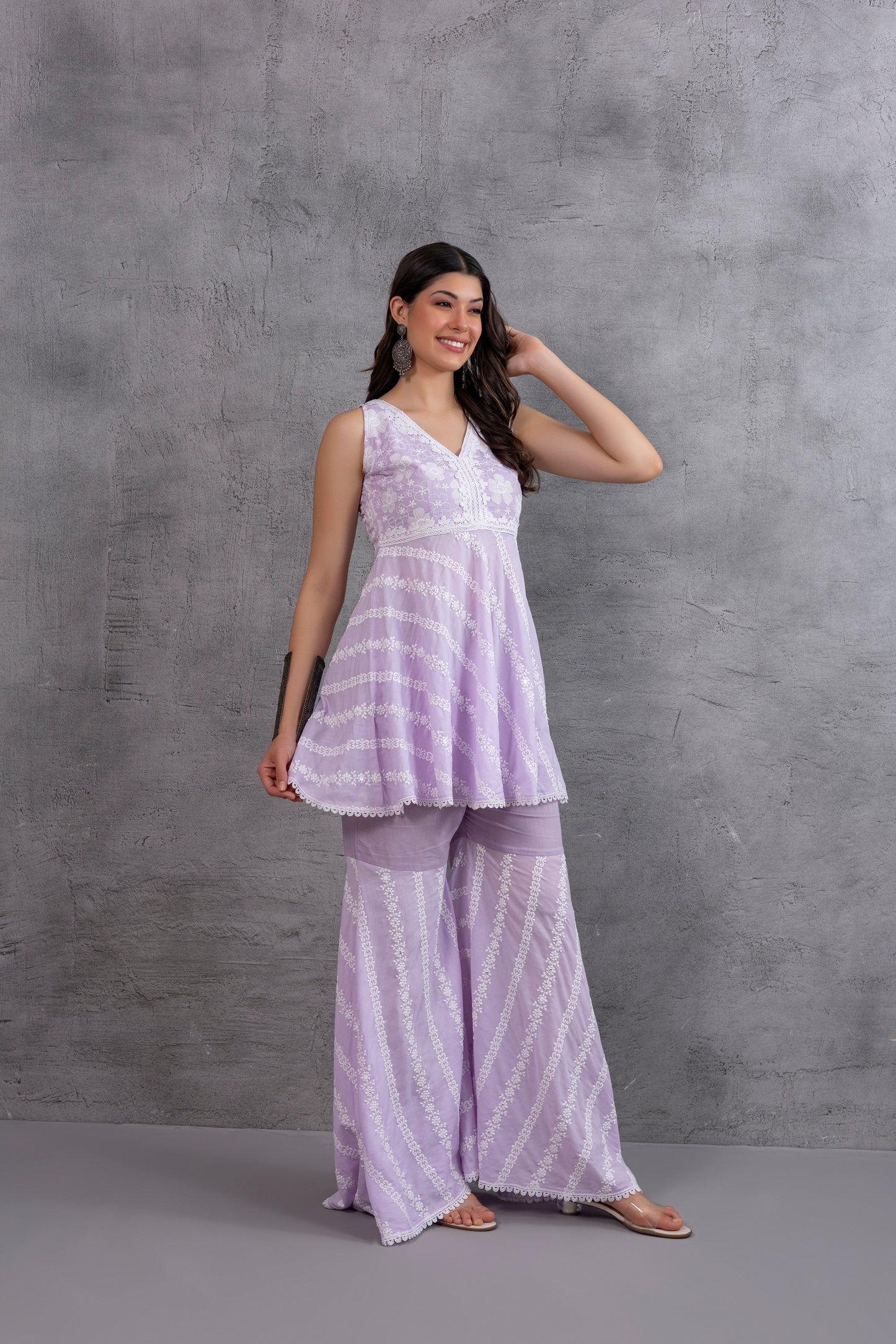 Lilac Bias Cut Floral Embroidered Kurta set